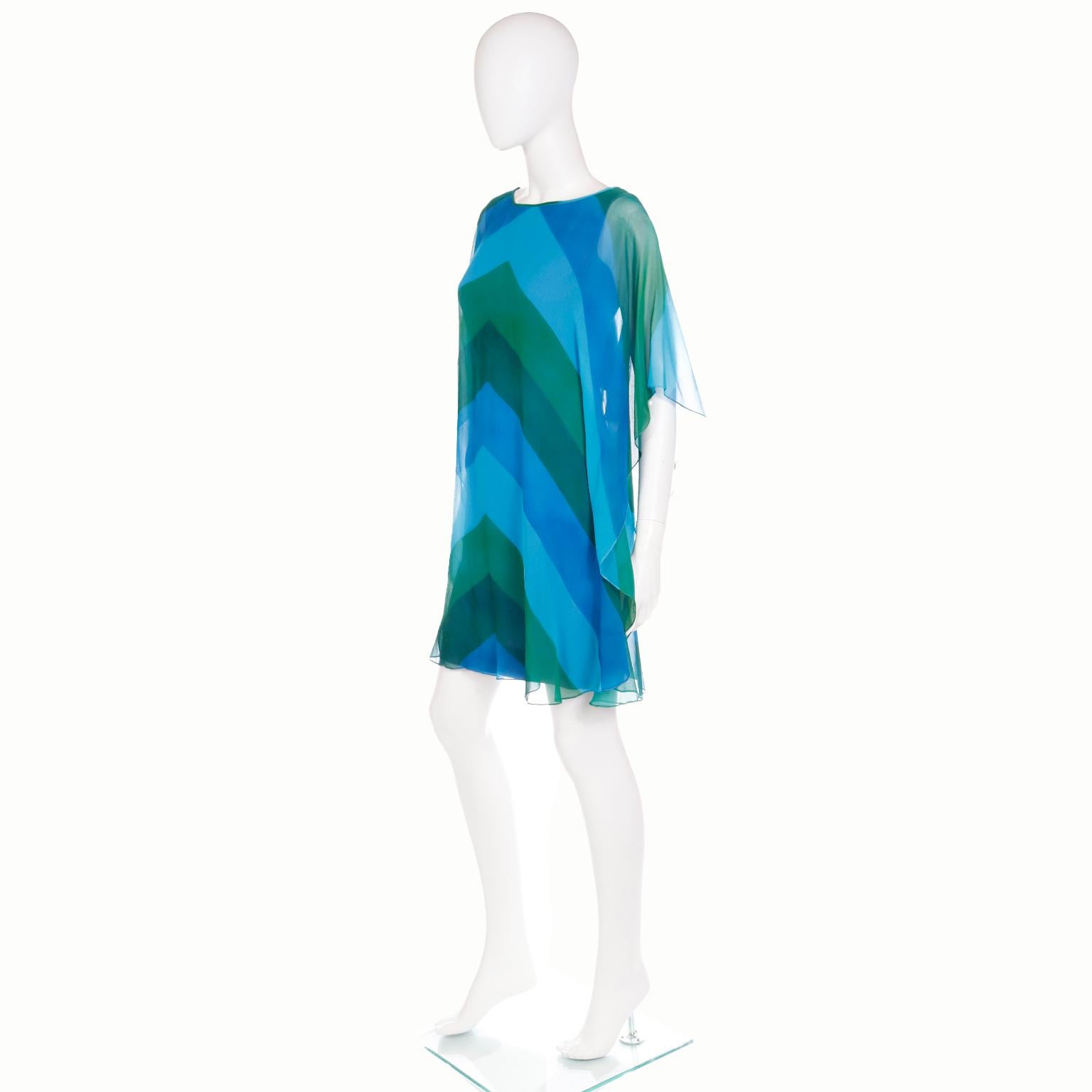 1960s Blue & Green Silk Chiffon Dress Chevron Stripe Print With Dramatic Sleeves For Sale 1