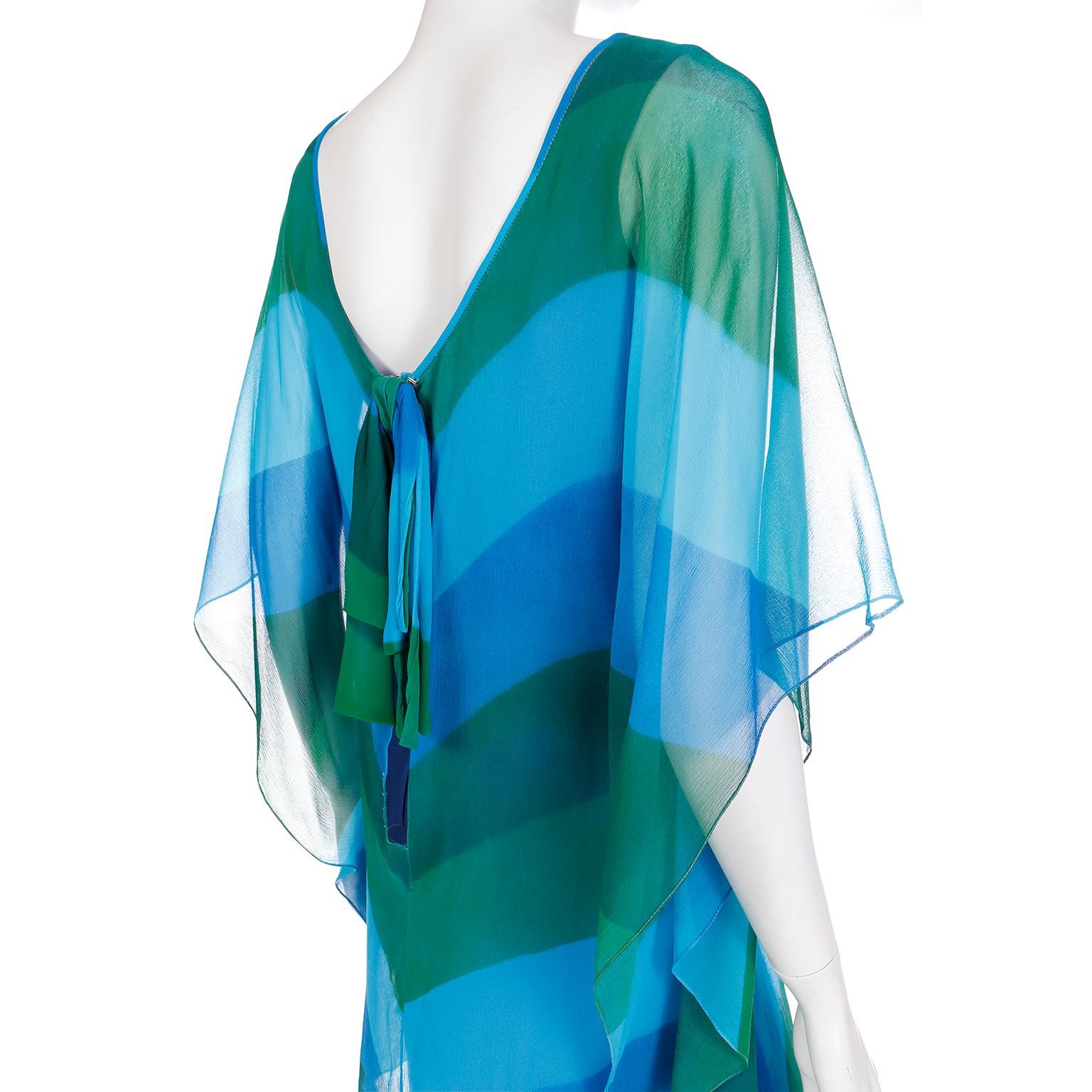 1960s Blue & Green Silk Chiffon Dress Chevron Stripe Print With Dramatic Sleeves For Sale 2