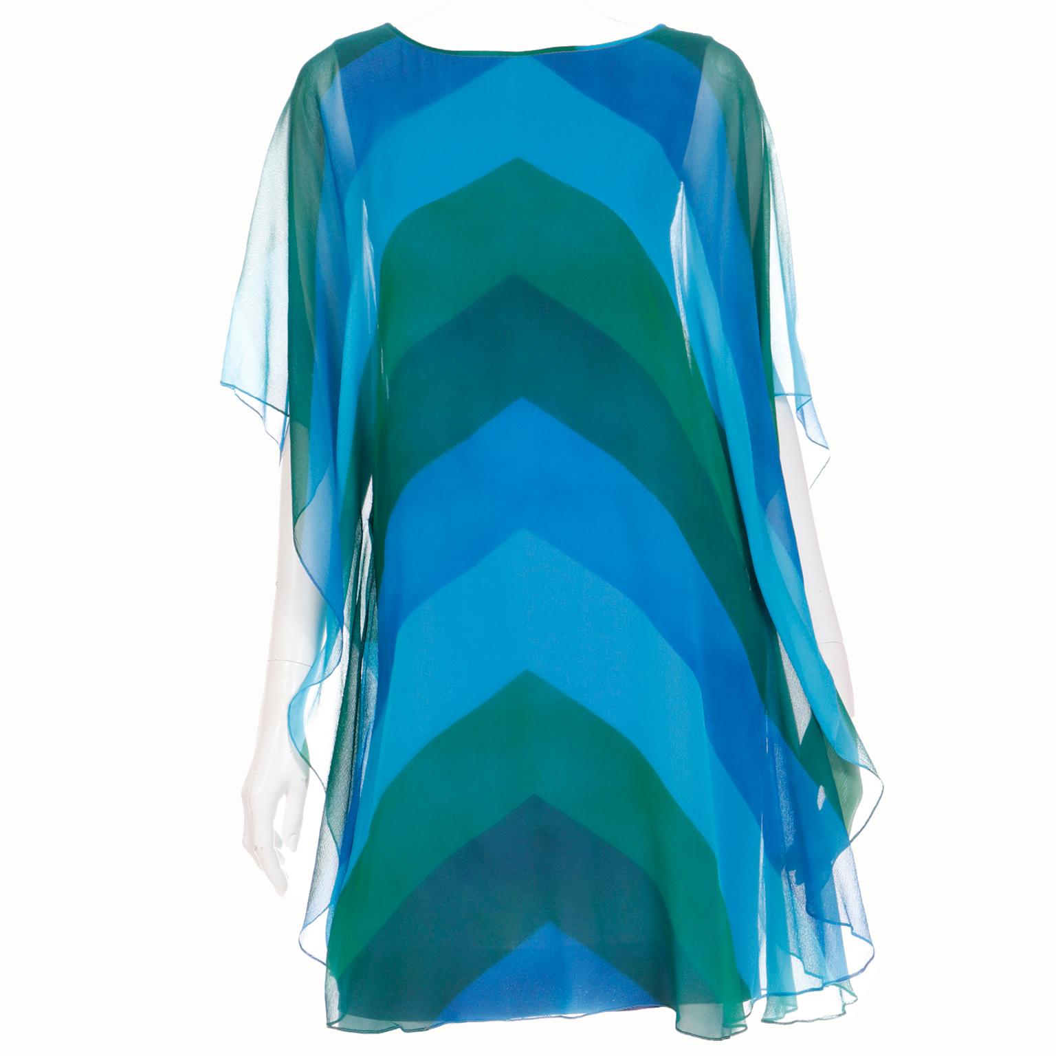 1960s Blue & Green Silk Chiffon Dress Chevron Stripe Print With Dramatic Sleeves For Sale 3
