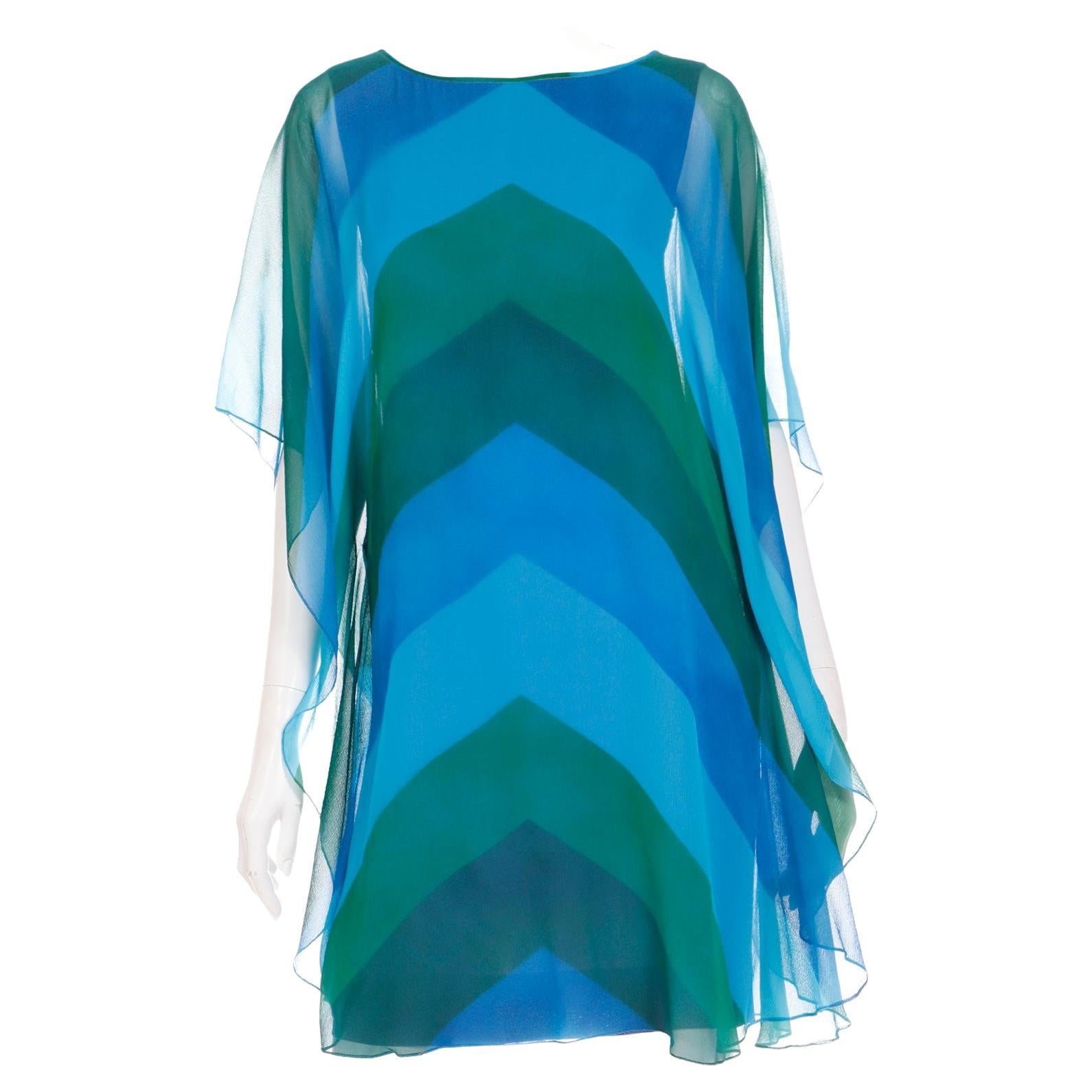 1960s Blue & Green Silk Chiffon Dress Chevron Stripe Print With Dramatic Sleeves For Sale