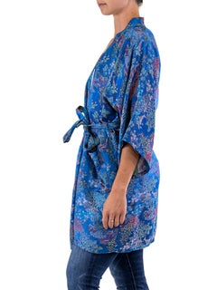 1960S Blue Jacquard Garden Scene Print With Striped Detail Inside Kimono