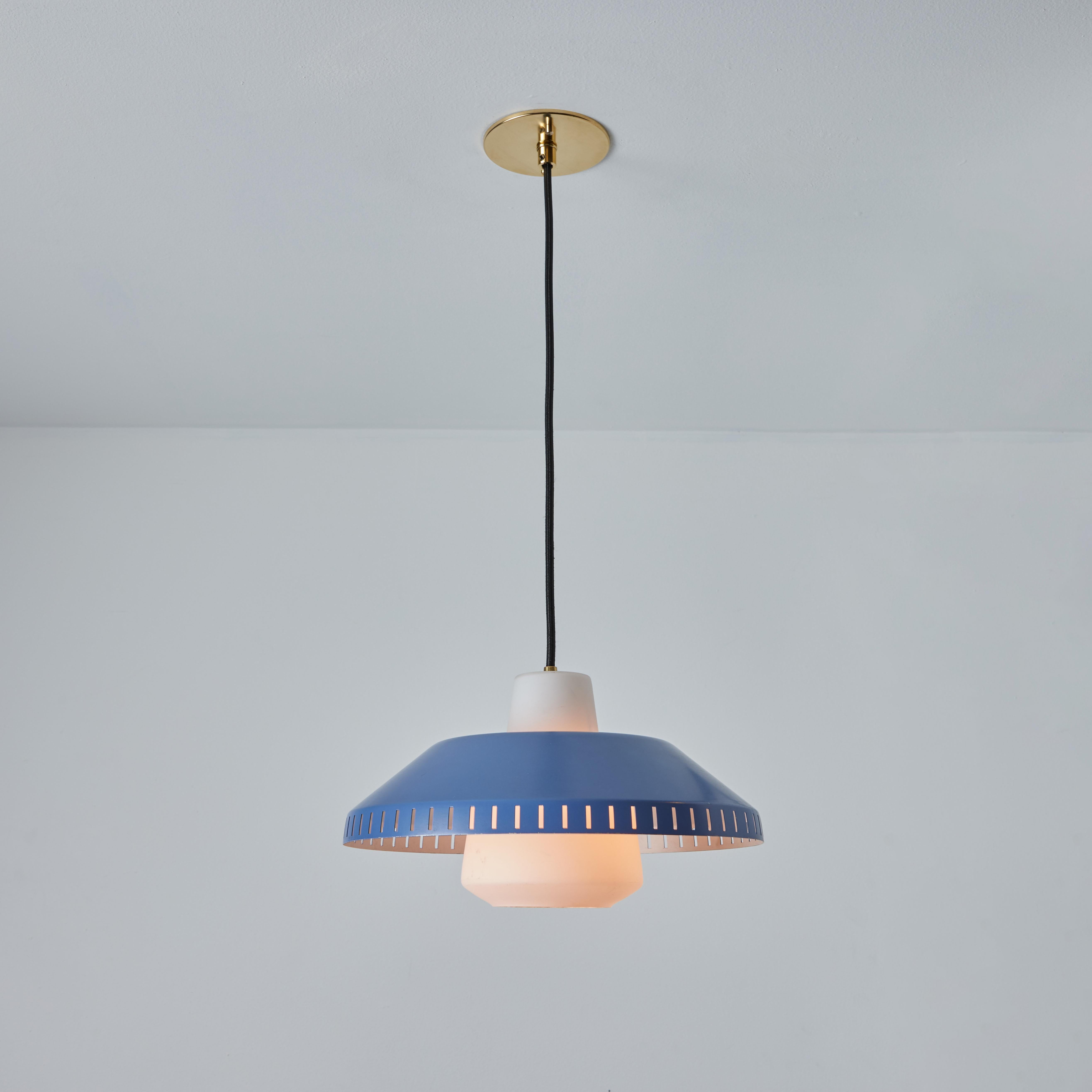 Painted 1960s Blue Metal and Opaline Glass Pendant Attributed to Lisa Johansson-Pape For Sale