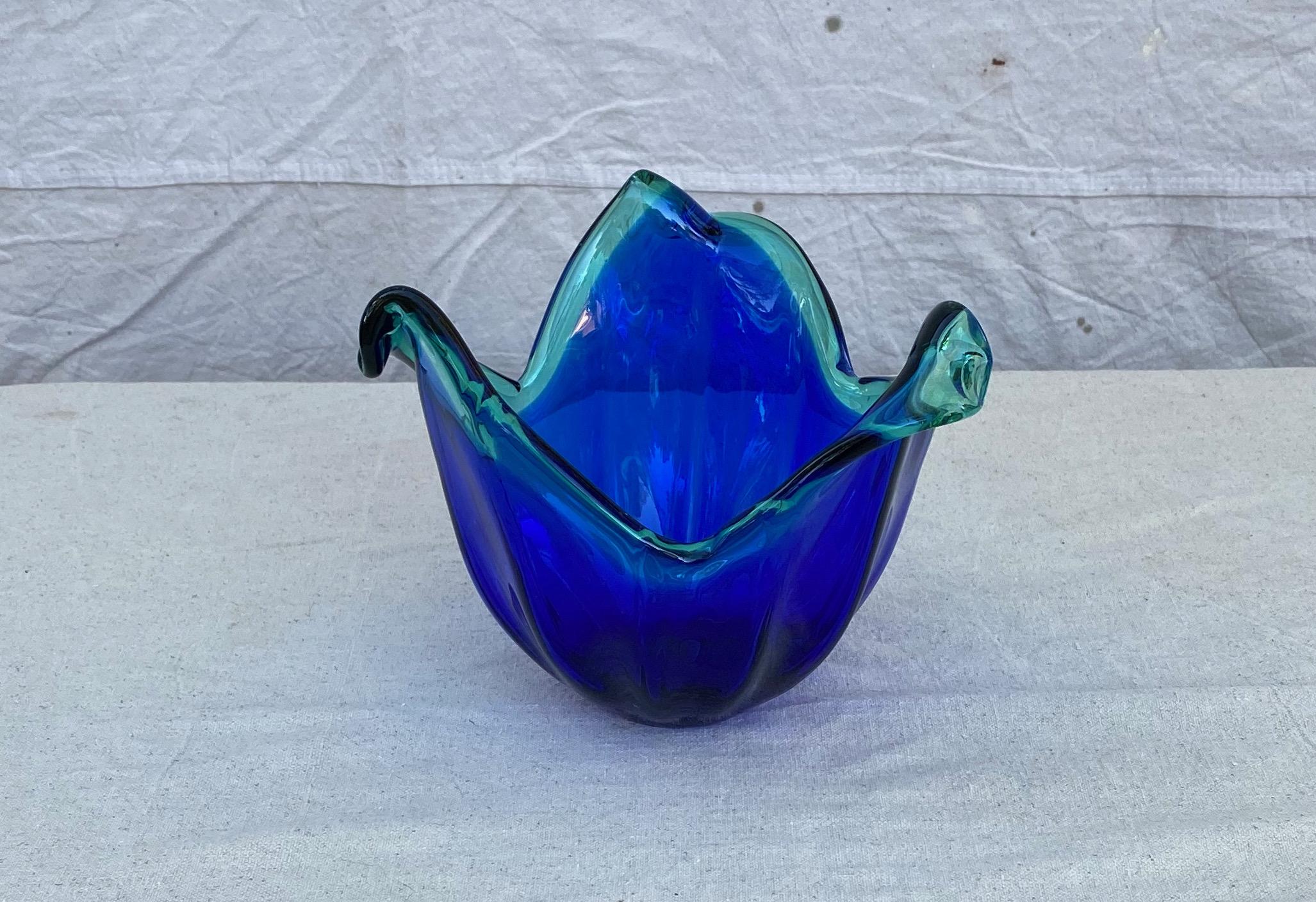 Mid-Century Modern 1960s Blue Murano with Teal Green Accents Vase