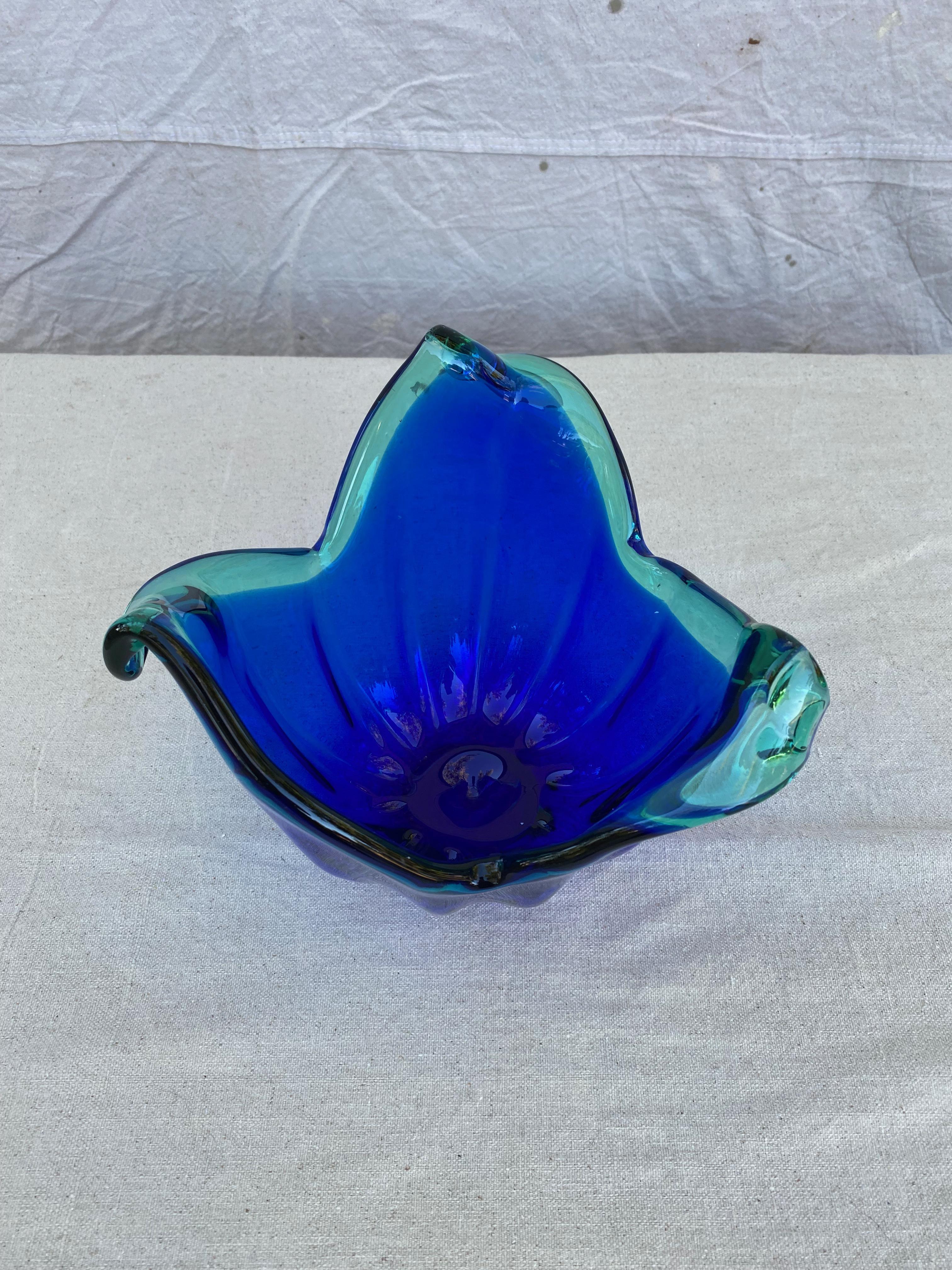 Italian 1960s Blue Murano with Teal Green Accents Vase