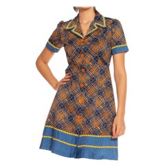 1960S Blue & Orange Nylon Plaid Printed Dress With Flower Trim