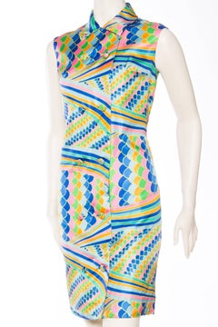 1960s Blue, Pink, Green & Orange Psychedelic Silk Twill Mod Dress