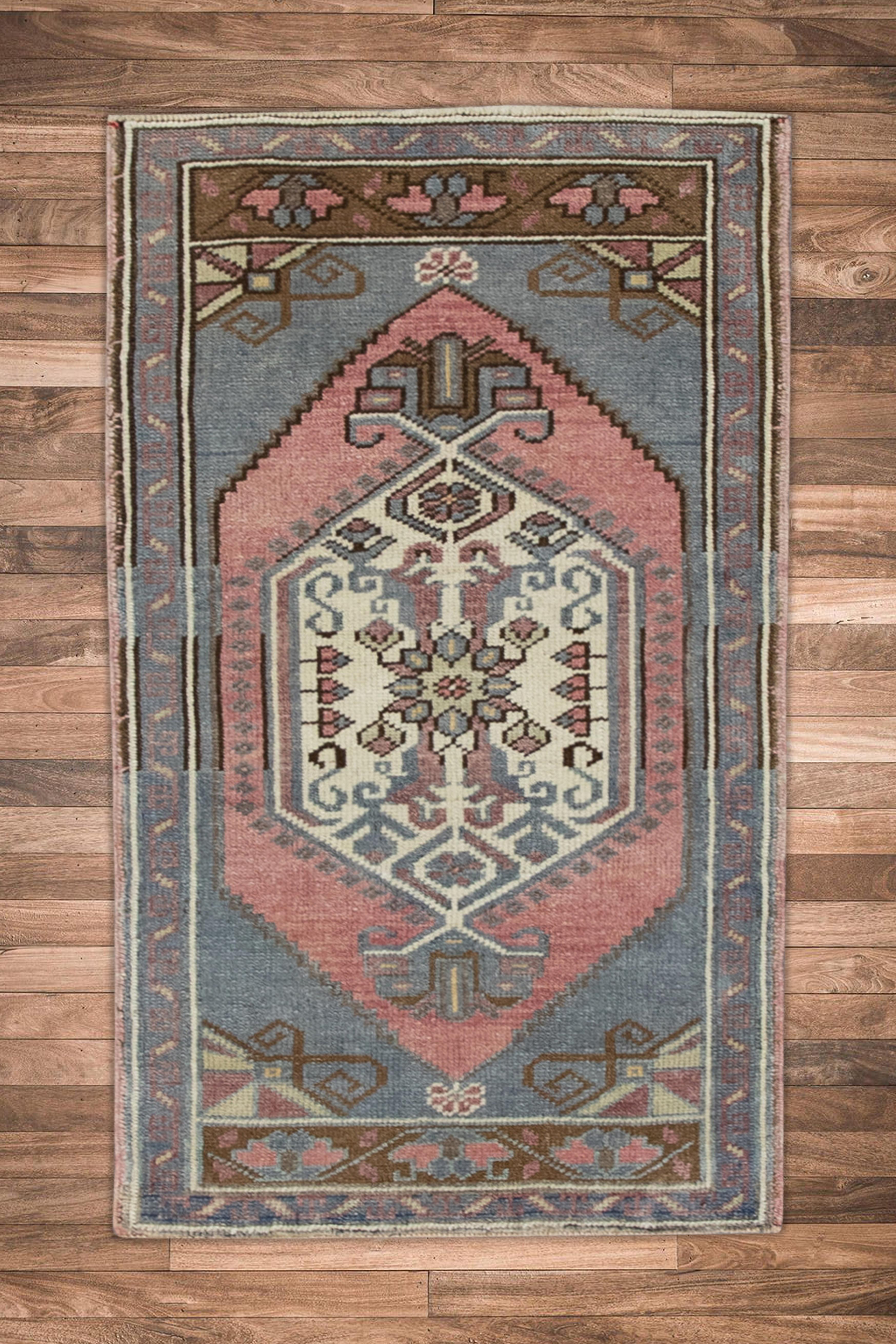 1960s Blue & Pink Vintage Turkish Mini Rug 1'9