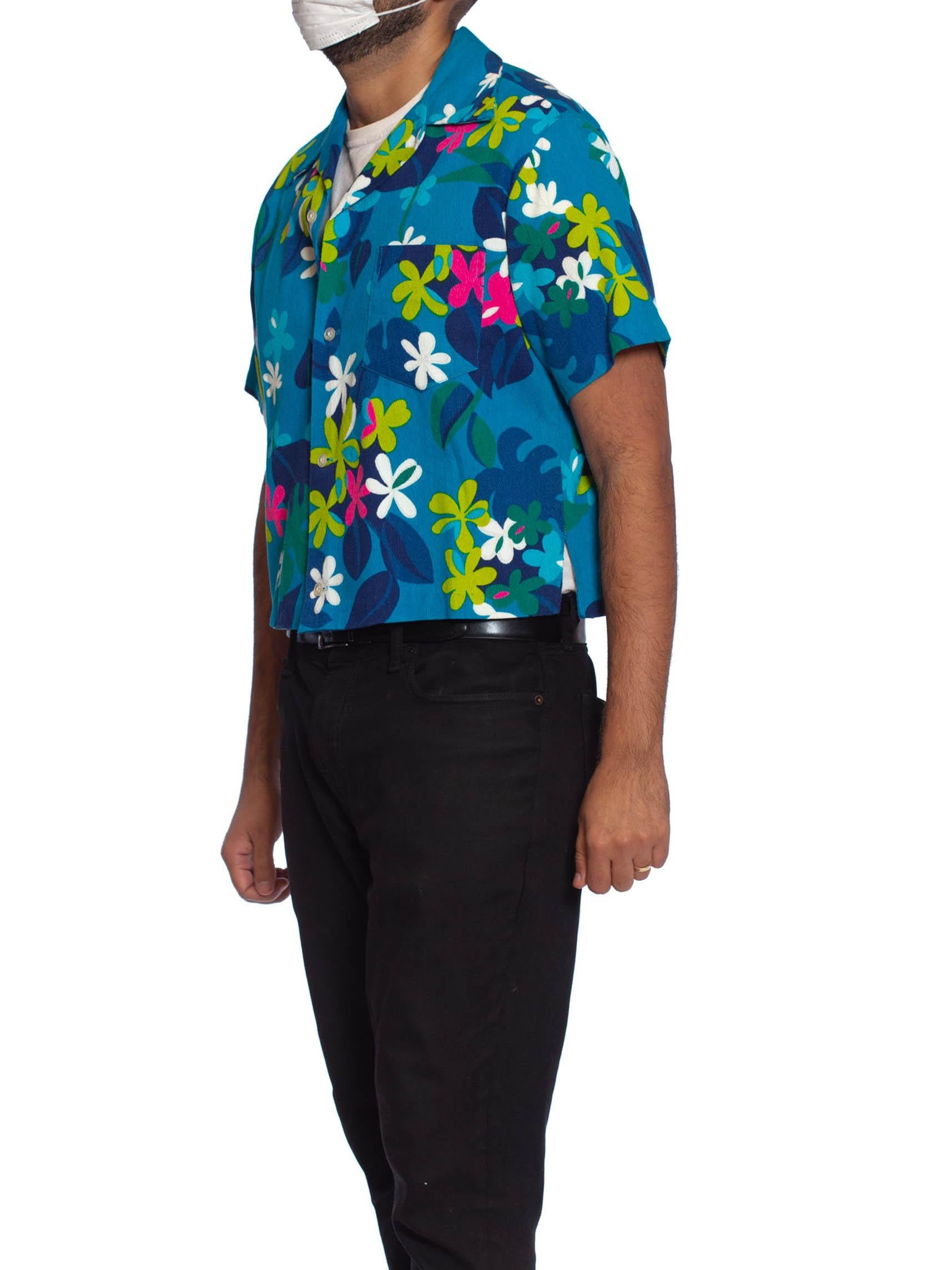 Men's 1960S Blue Polynesian Cotton Barkcloth Men’S Mod Floral Hawaiian Shirt