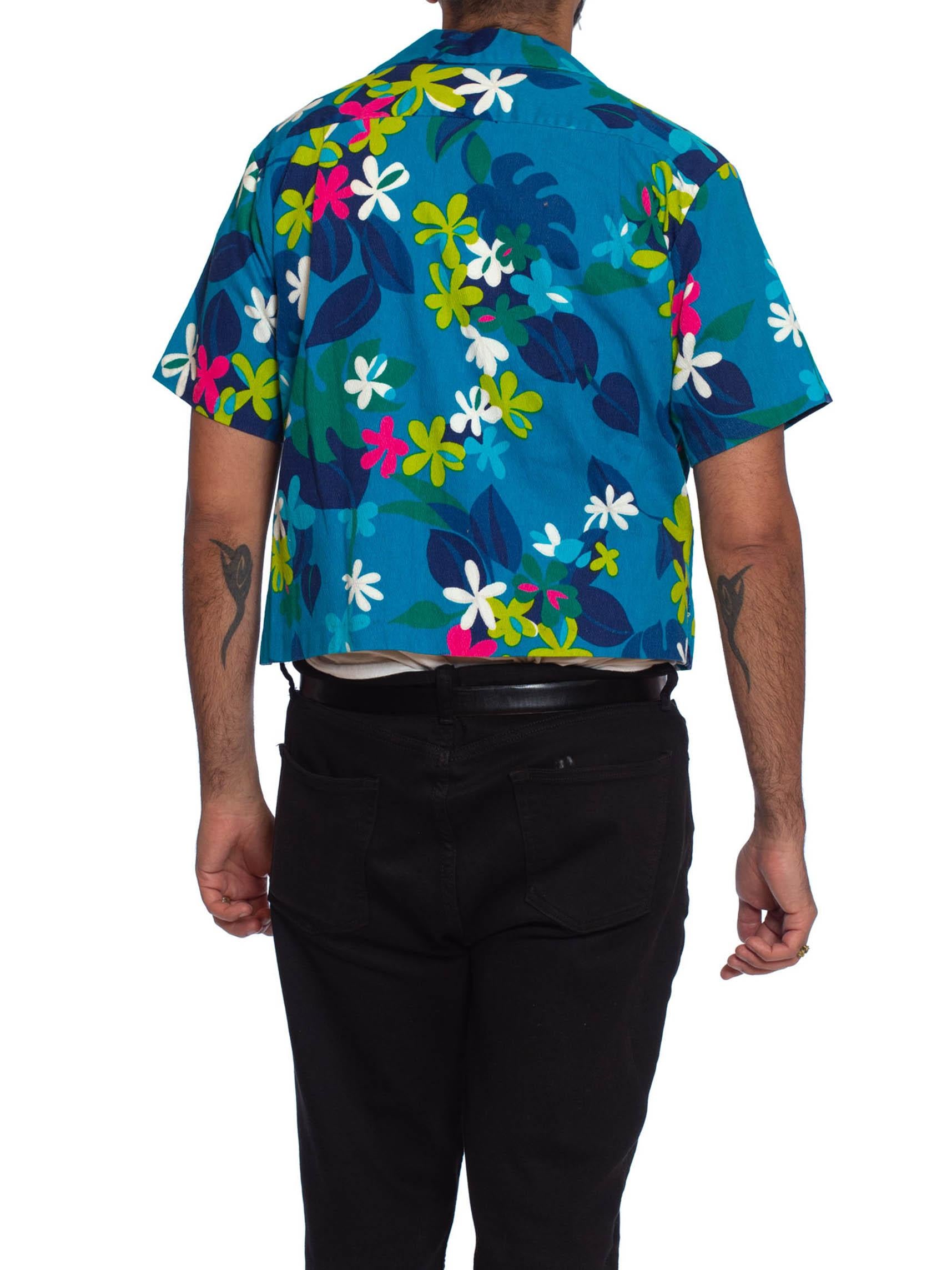 1960S Blue Polynesian Cotton Barkcloth Men’S Mod Floral Hawaiian Shirt 1