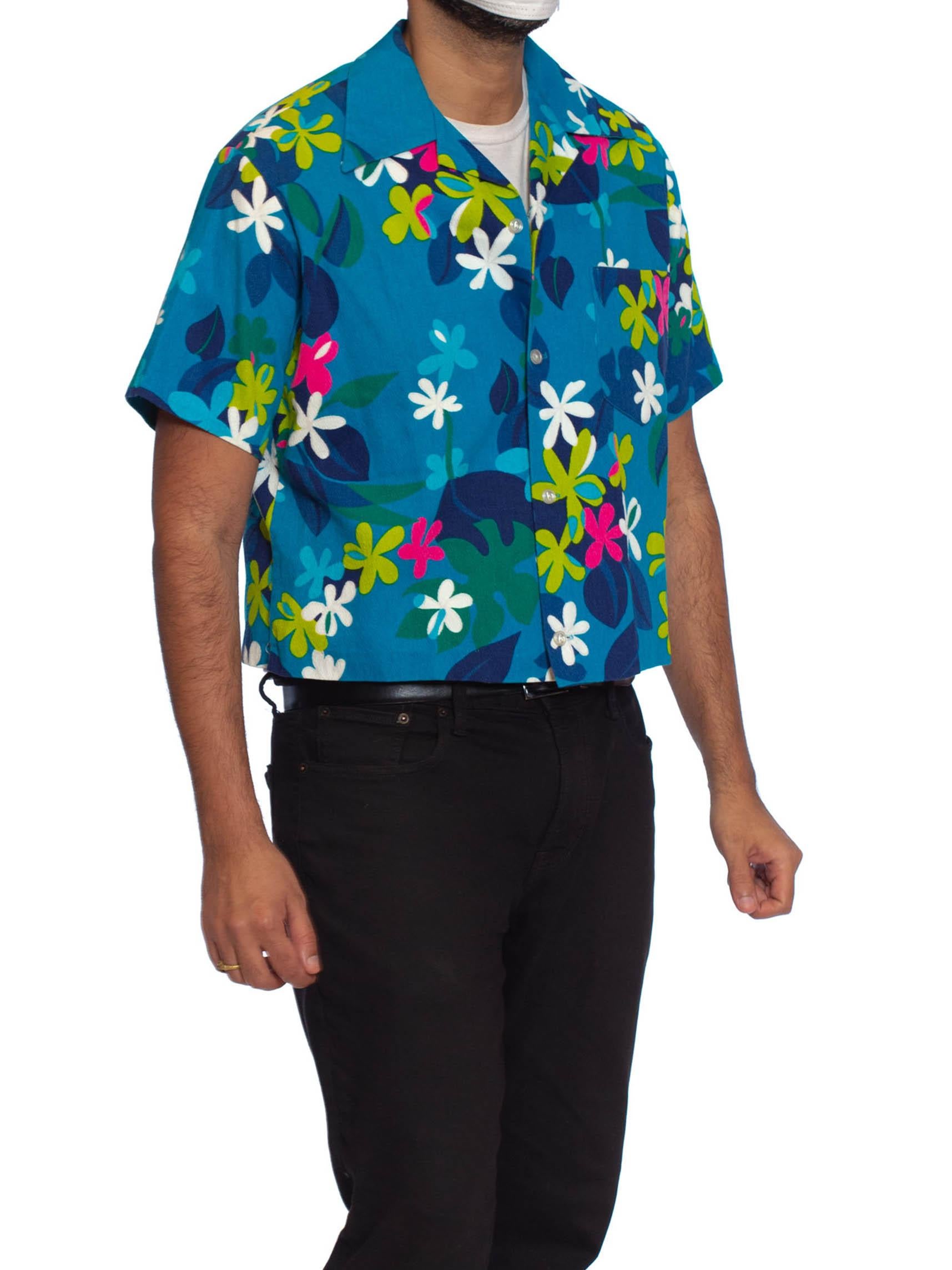 1960S Blue Polynesian Cotton Barkcloth Men’S Mod Floral Hawaiian Shirt 2