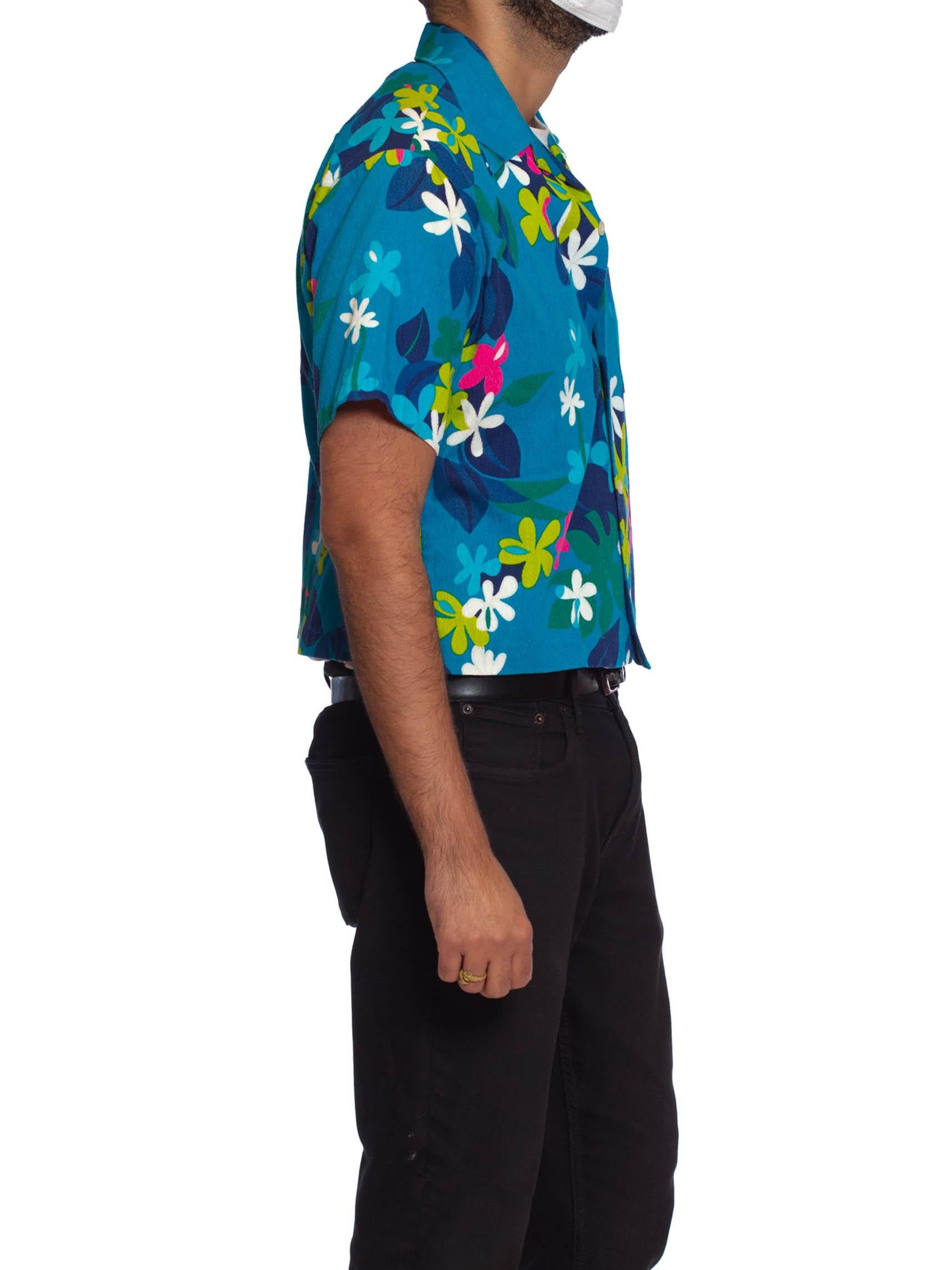1960S Blue Polynesian Cotton Barkcloth Men’S Mod Floral Hawaiian Shirt 3