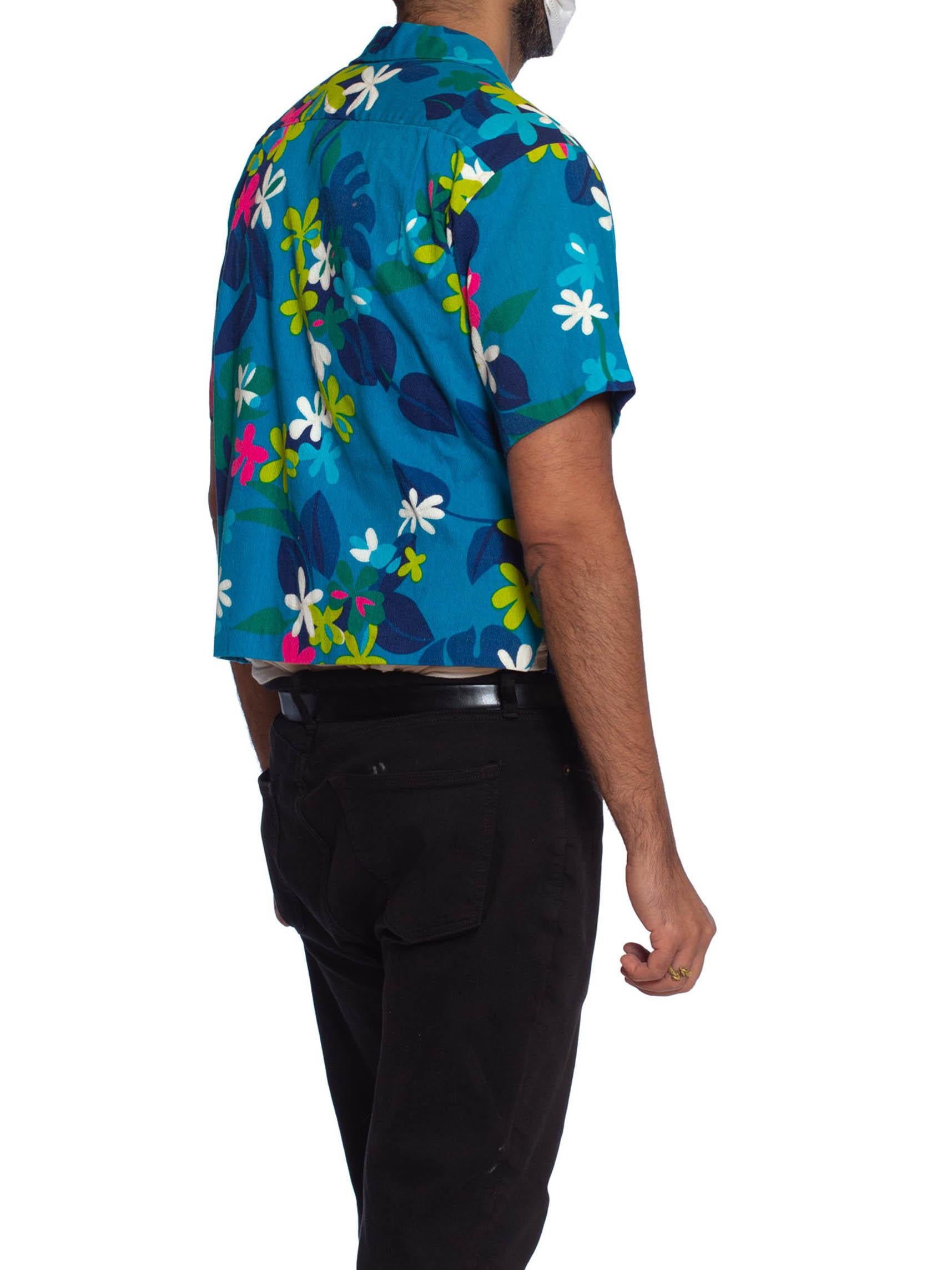 1960S Blue Polynesian Cotton Barkcloth Men’S Mod Floral Hawaiian Shirt 4