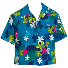 Vintage 1960S Blue Polynesian Cotton Barkcloth Men’S Mod Floral Hawaiian Shirt