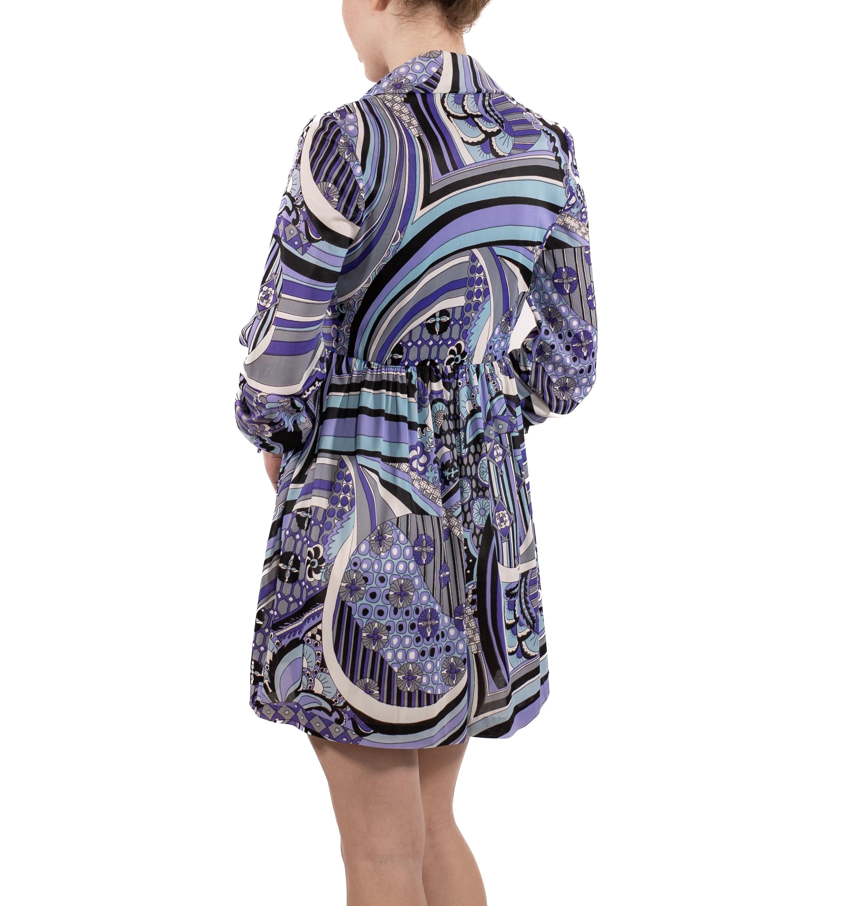 Women's 1960S Blue & Purple Poly Blend Jersey Long Sleeve Baby-Doll Dress