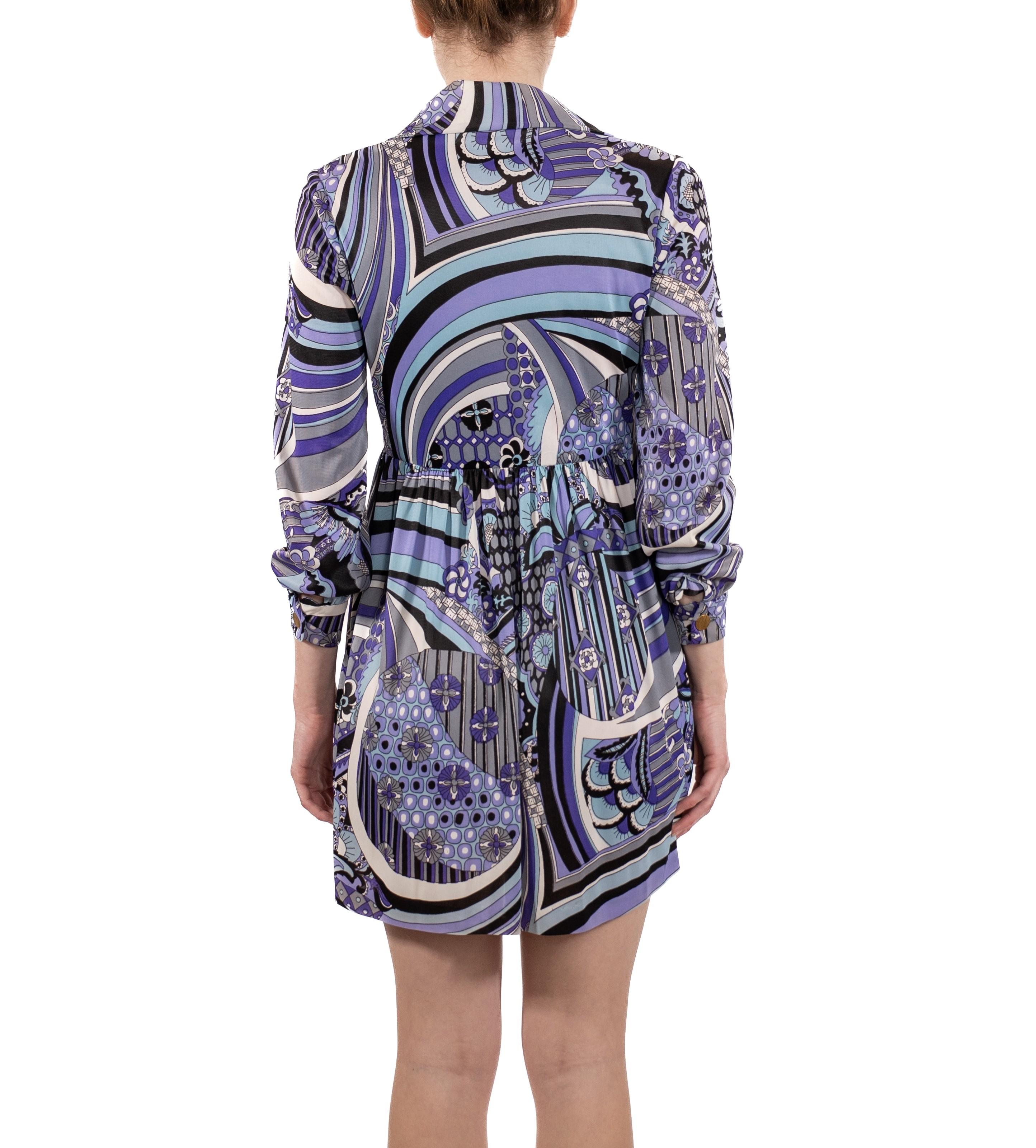 1960S Blue & Purple Poly Blend Jersey Long Sleeve Baby-Doll Dress 1