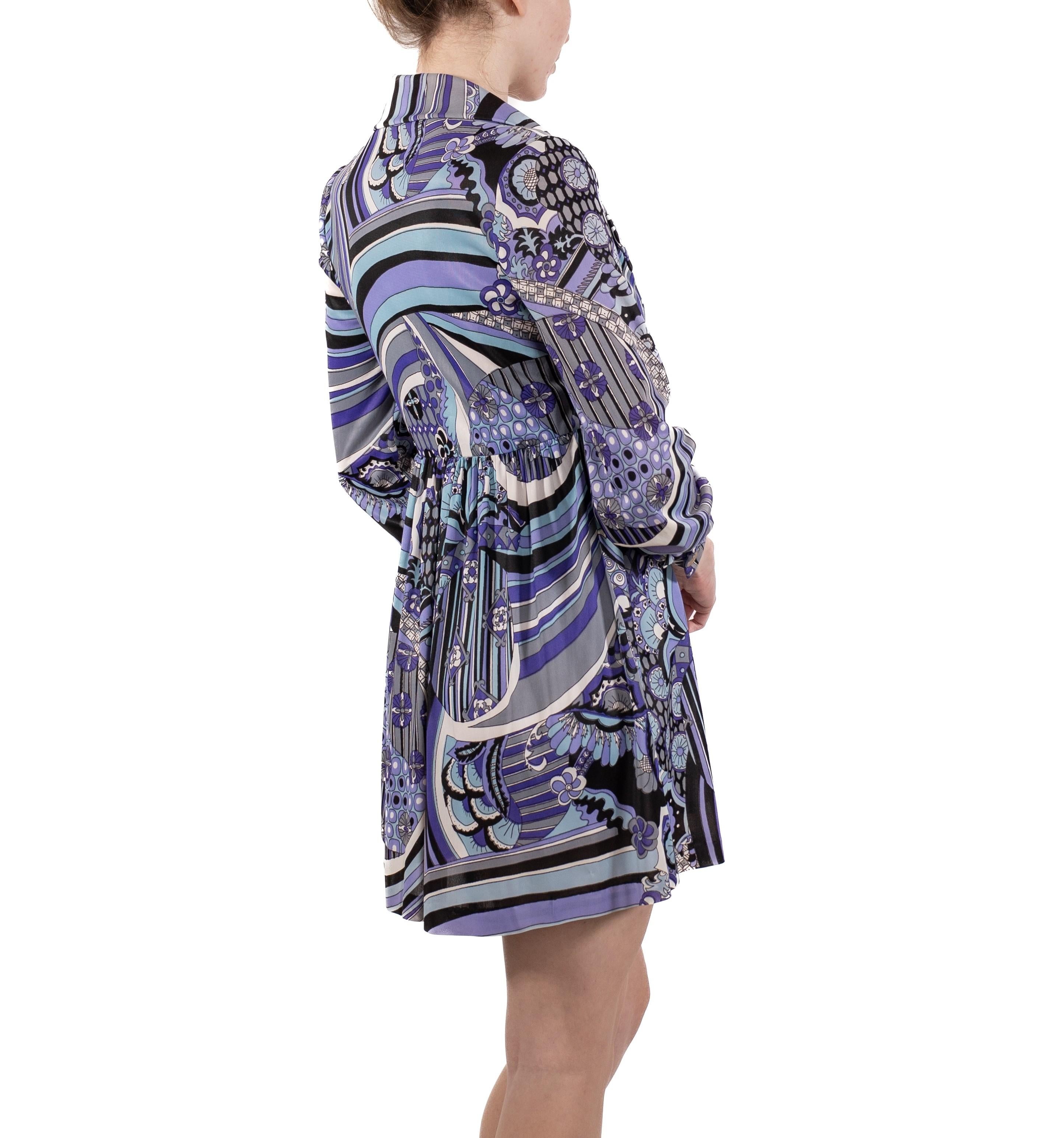 1960S Blue & Purple Poly Blend Jersey Long Sleeve Baby-Doll Dress 2