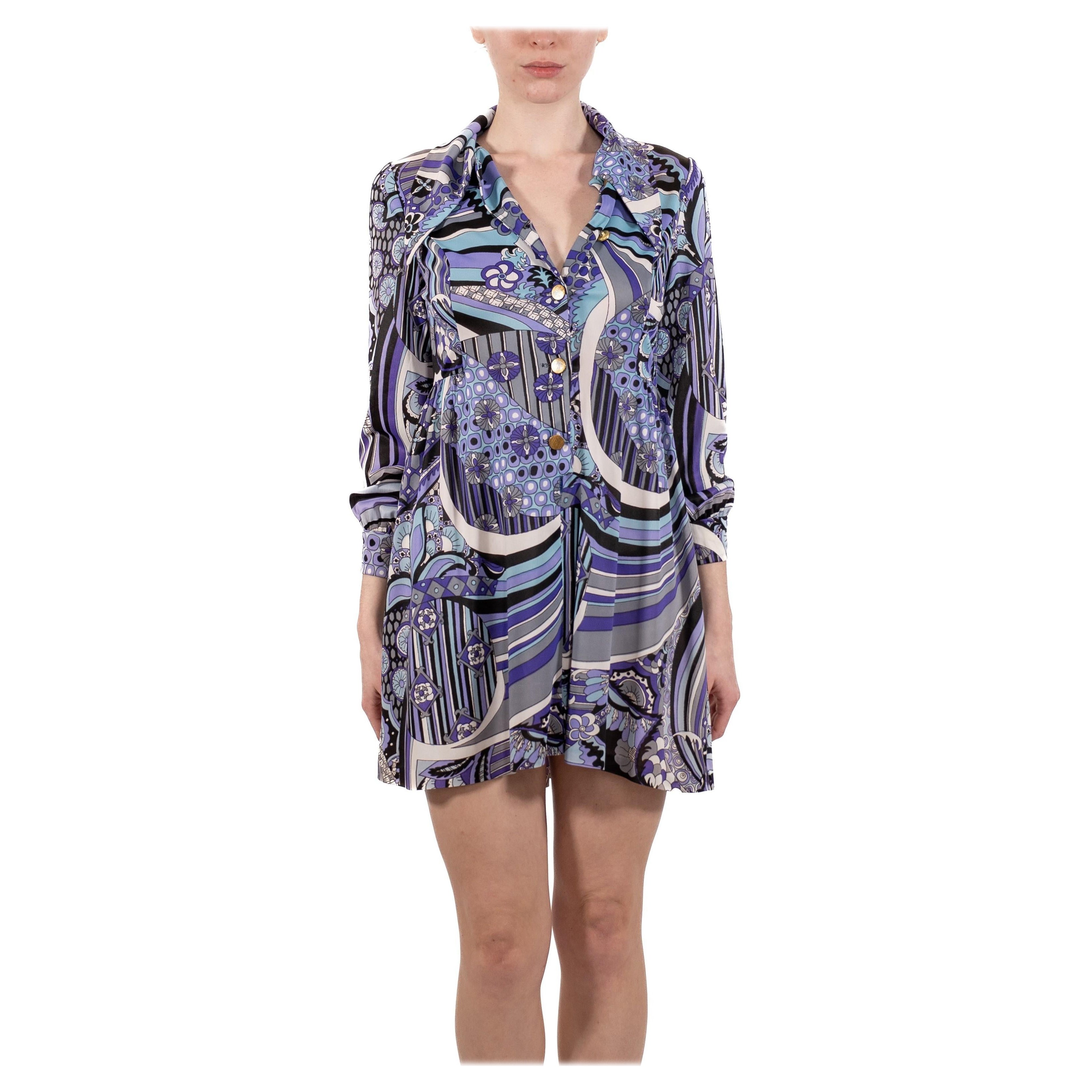 1960S Blue 
Purple Poly Blend Jersey Long Sleeve Baby-Doll Dress