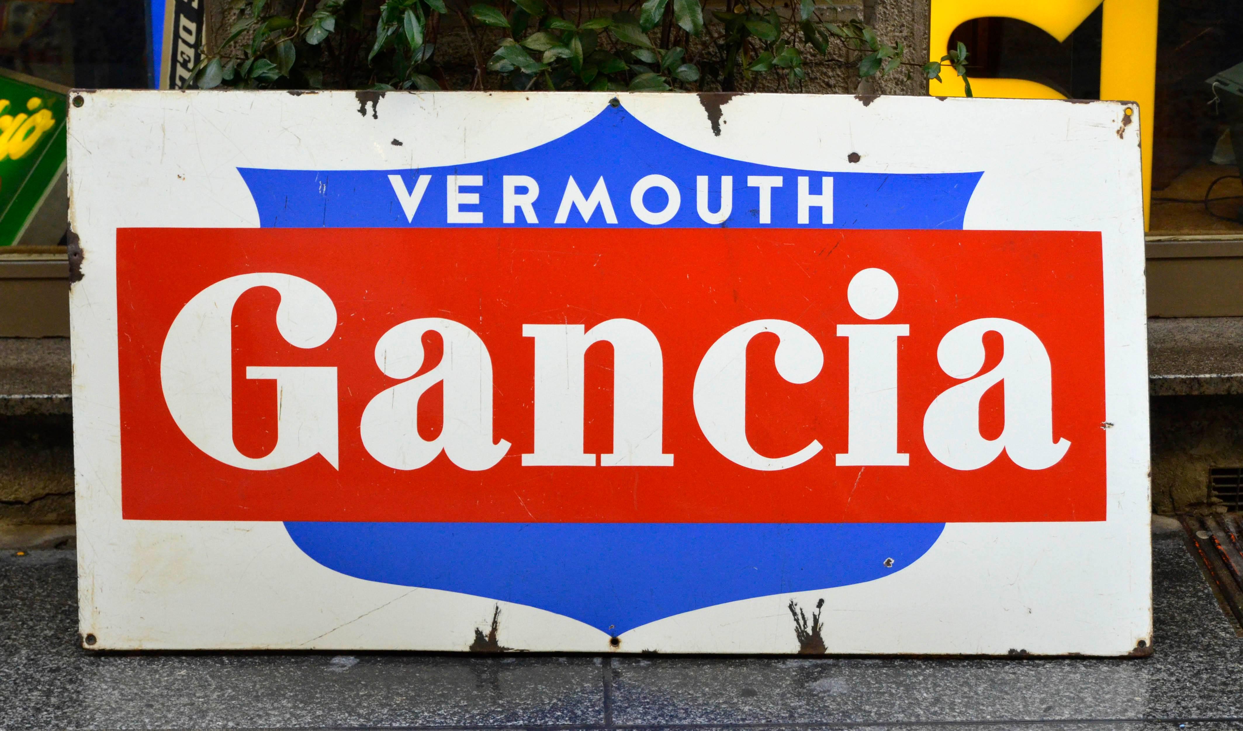 1960s Blue Red and White Enamel Metal Gancia Vermouth Italian Sign For Sale 1