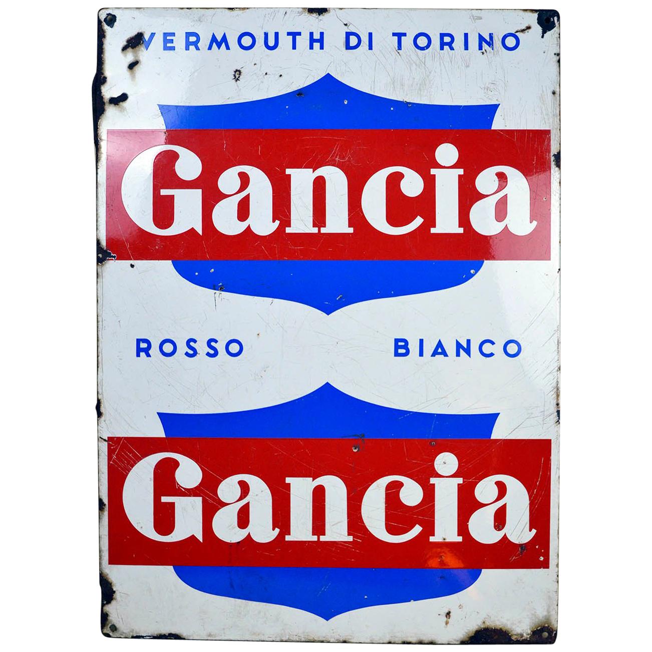 1960s Blue Red and White Enamel Metal Gancia Vermouth Italian Sign For Sale