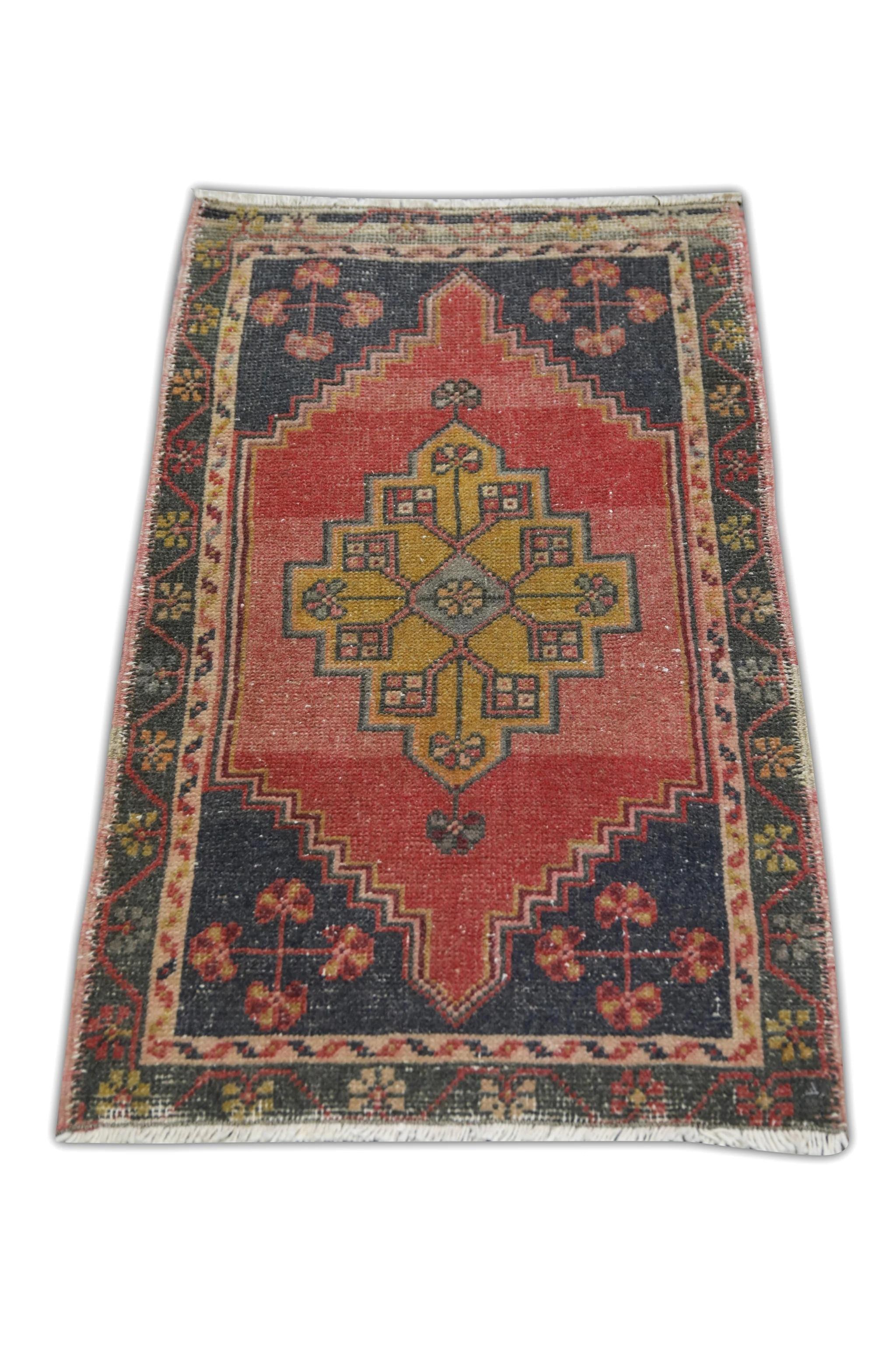 Hand-Woven 1960s Blue & Red Vintage Turkish Mini Rug 1'9