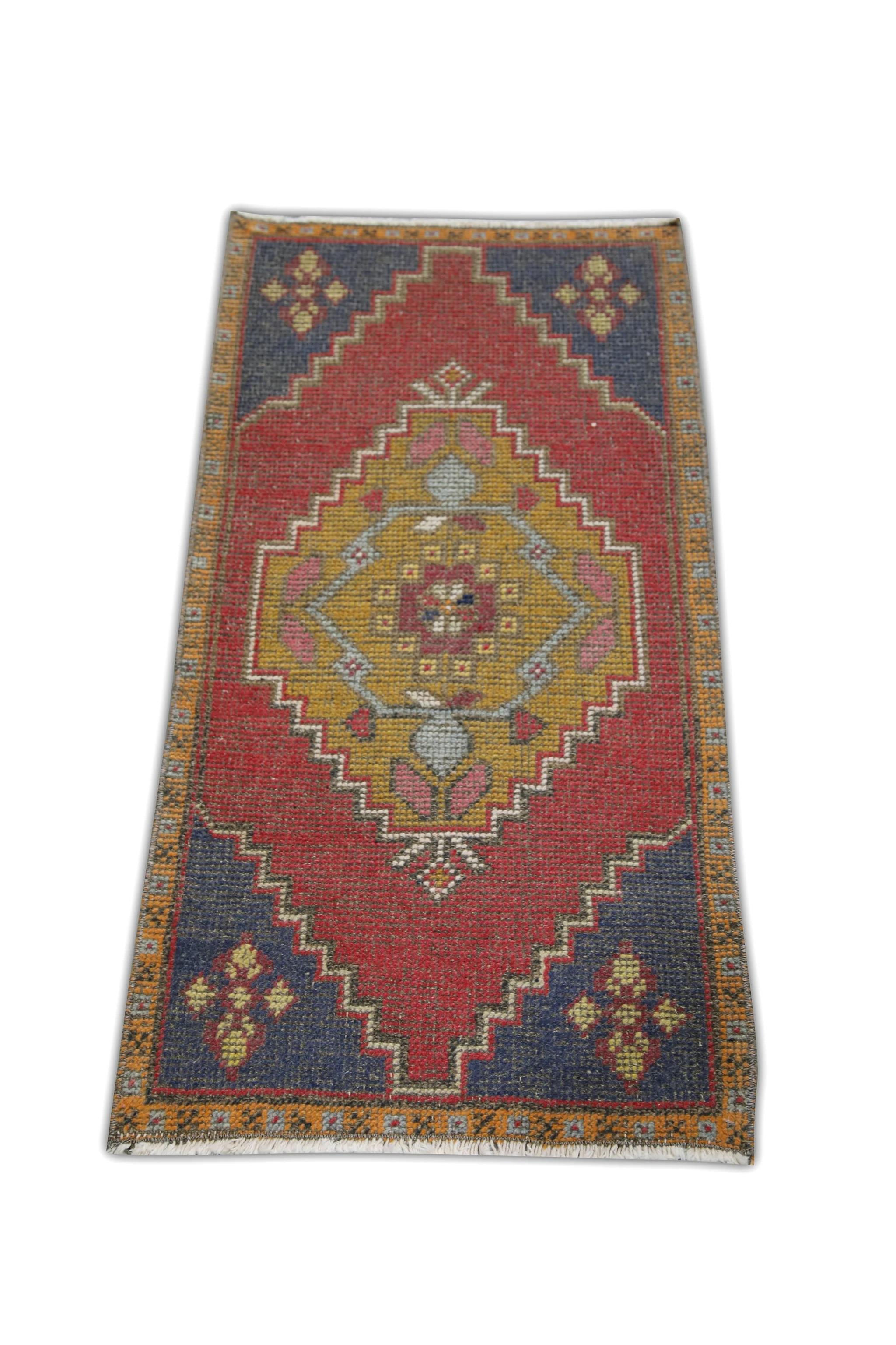 Hand-Woven 1960s Blue & Red Vintage Turkish Mini Rug 1'9