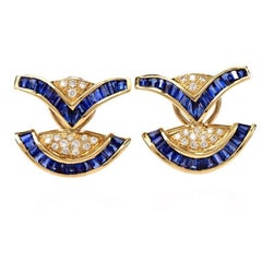1960s Blue Sapphire Diamond 18 Karat Yellow Gold Clip-On Earrings
