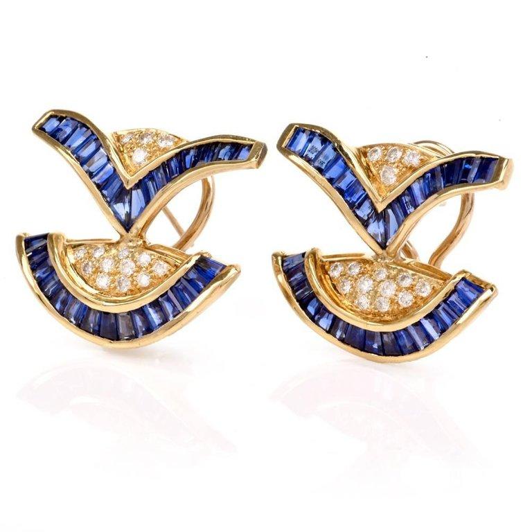 Women's 1960s Blue Sapphire Diamond 18 Karat Yellow Gold Clip-On Earrings