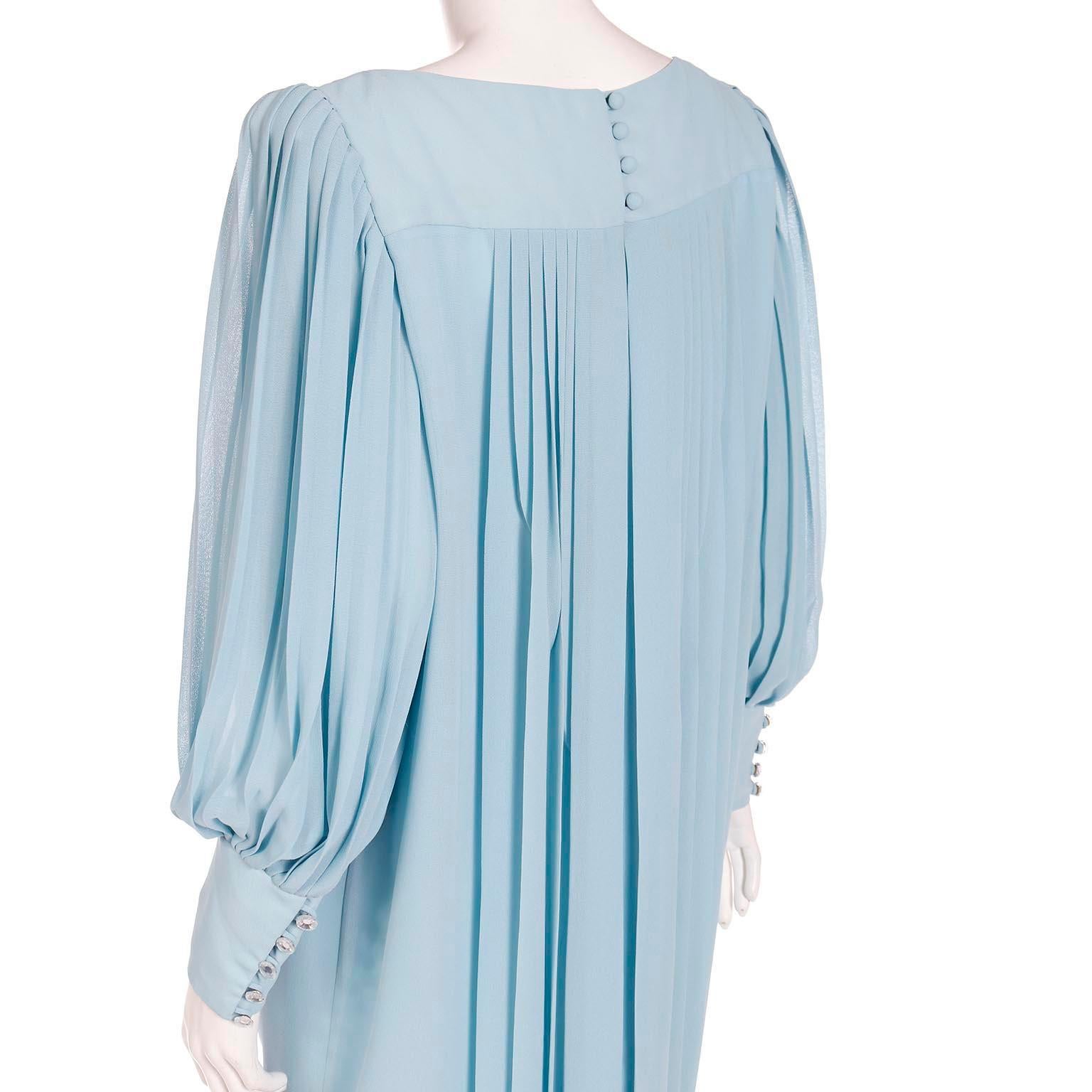 1960s Blue Silk Chiffon Pleated Dress With Banded Hemline and Bow For Sale 6