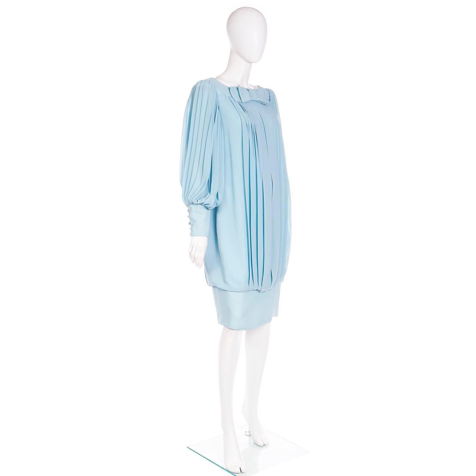 1960s Blue Silk Chiffon Pleated Dress With Banded Hemline and Bow In Excellent Condition For Sale In Portland, OR