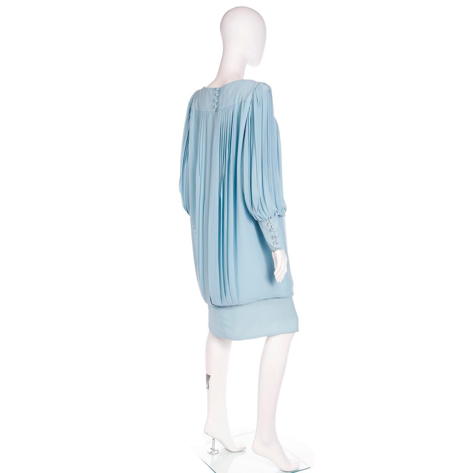 Women's 1960s Blue Silk Chiffon Pleated Dress With Banded Hemline and Bow For Sale