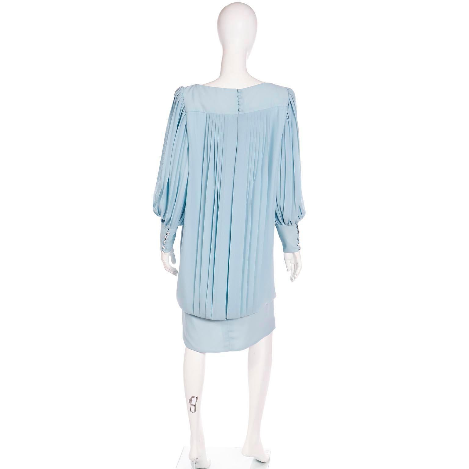 1960s Blue Silk Chiffon Pleated Dress With Banded Hemline and Bow For Sale 1