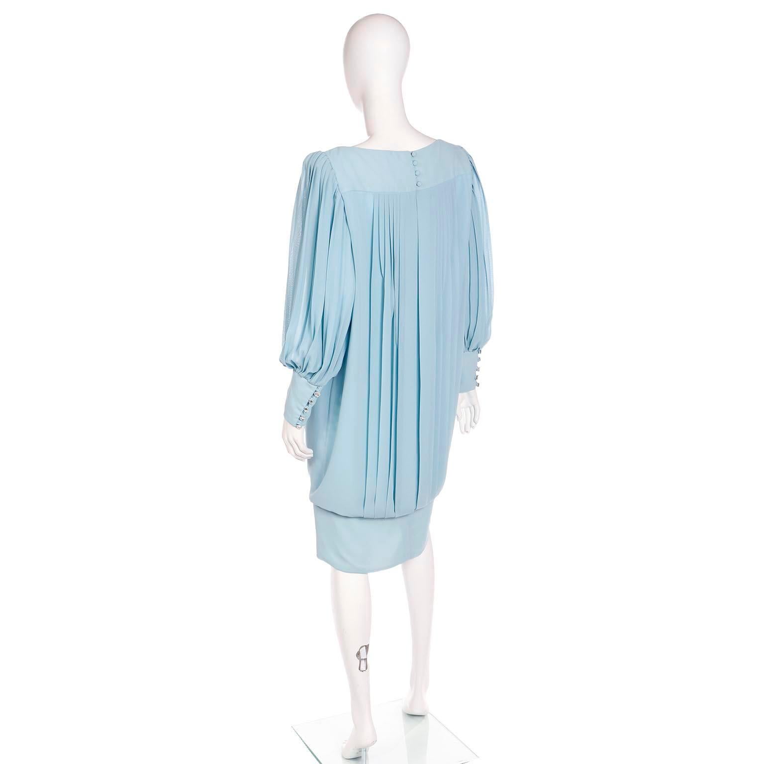 1960s Blue Silk Chiffon Pleated Dress With Banded Hemline and Bow For Sale 2