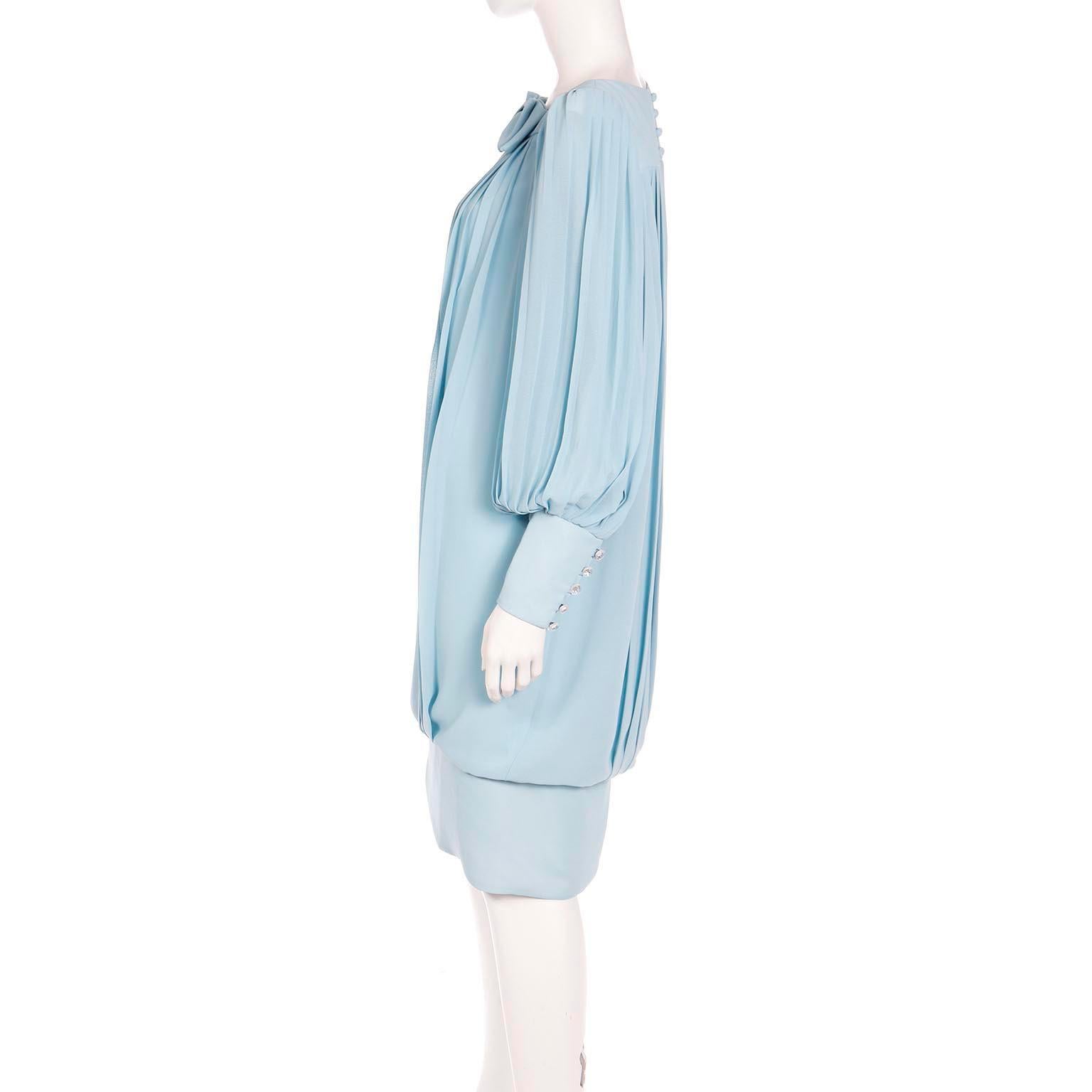 1960s Blue Silk Chiffon Pleated Dress With Banded Hemline and Bow For Sale 3