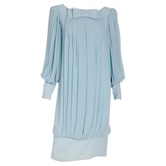 1960s Blue Silk Chiffon Pleated Dress With Banded Hemline and Bow