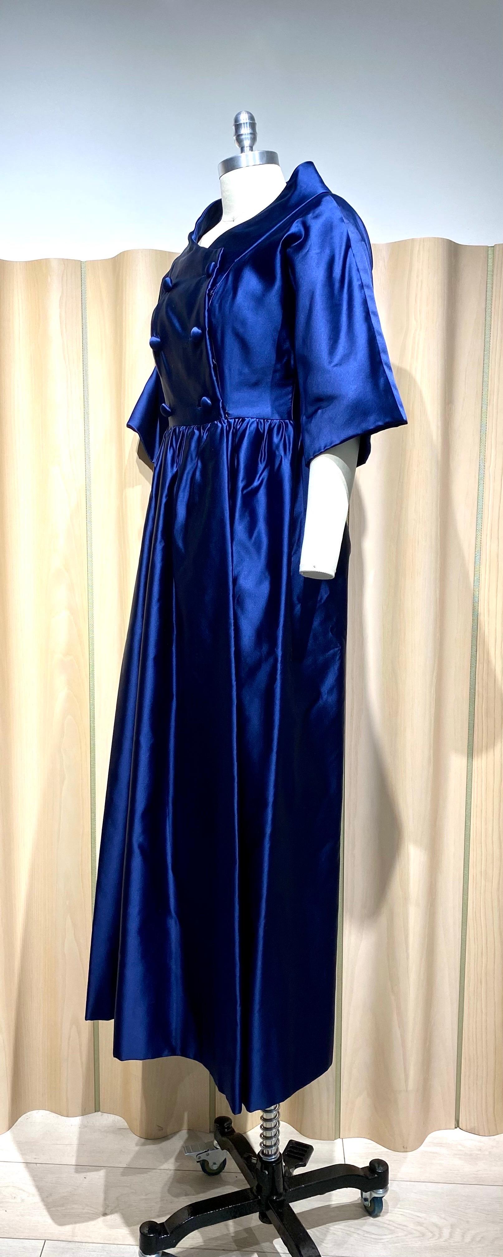 1960s Blue Silk Cocktail Coat Dress For Sale 1