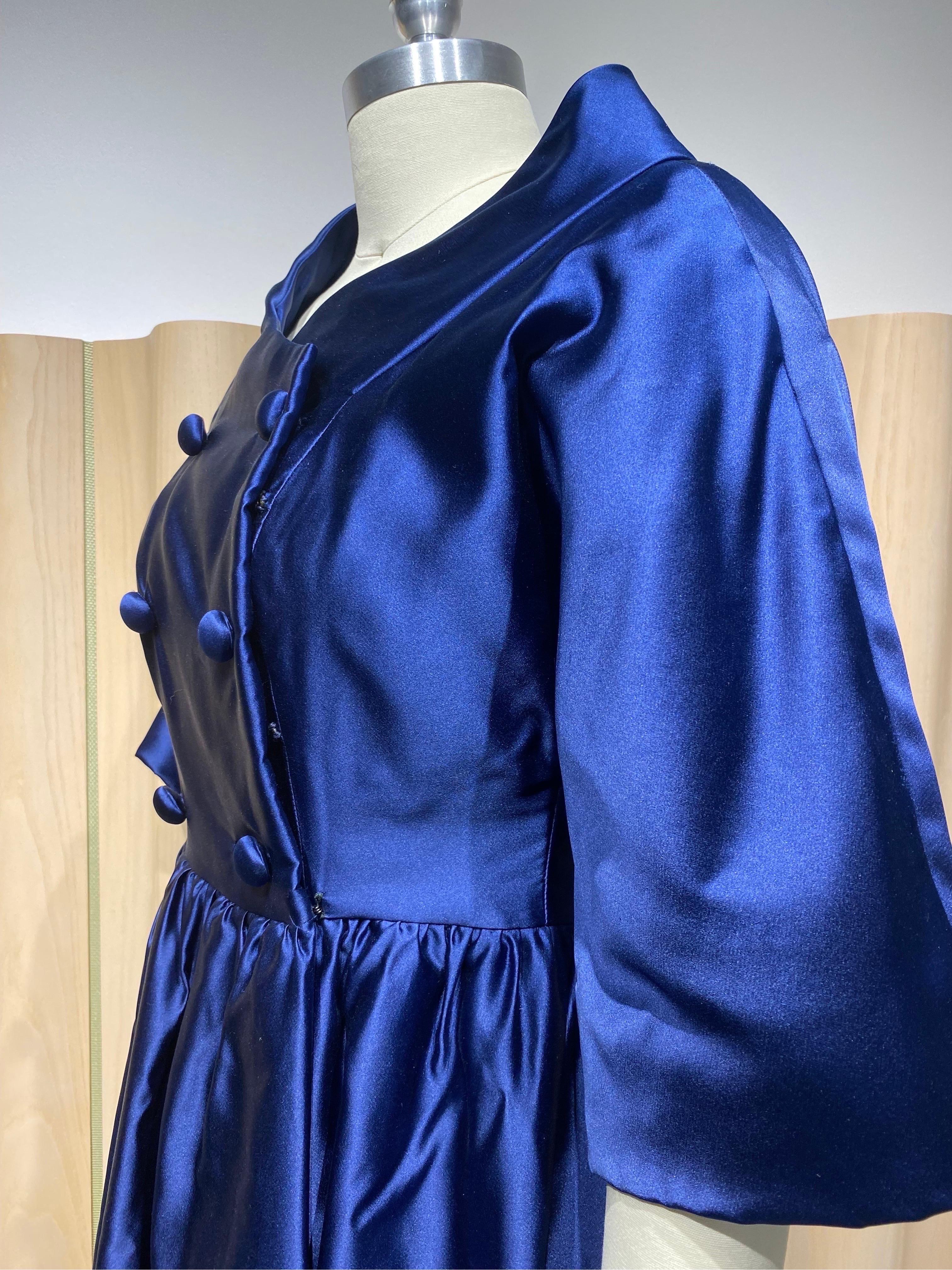 1960s Blue Silk Cocktail Coat Dress For Sale 2
