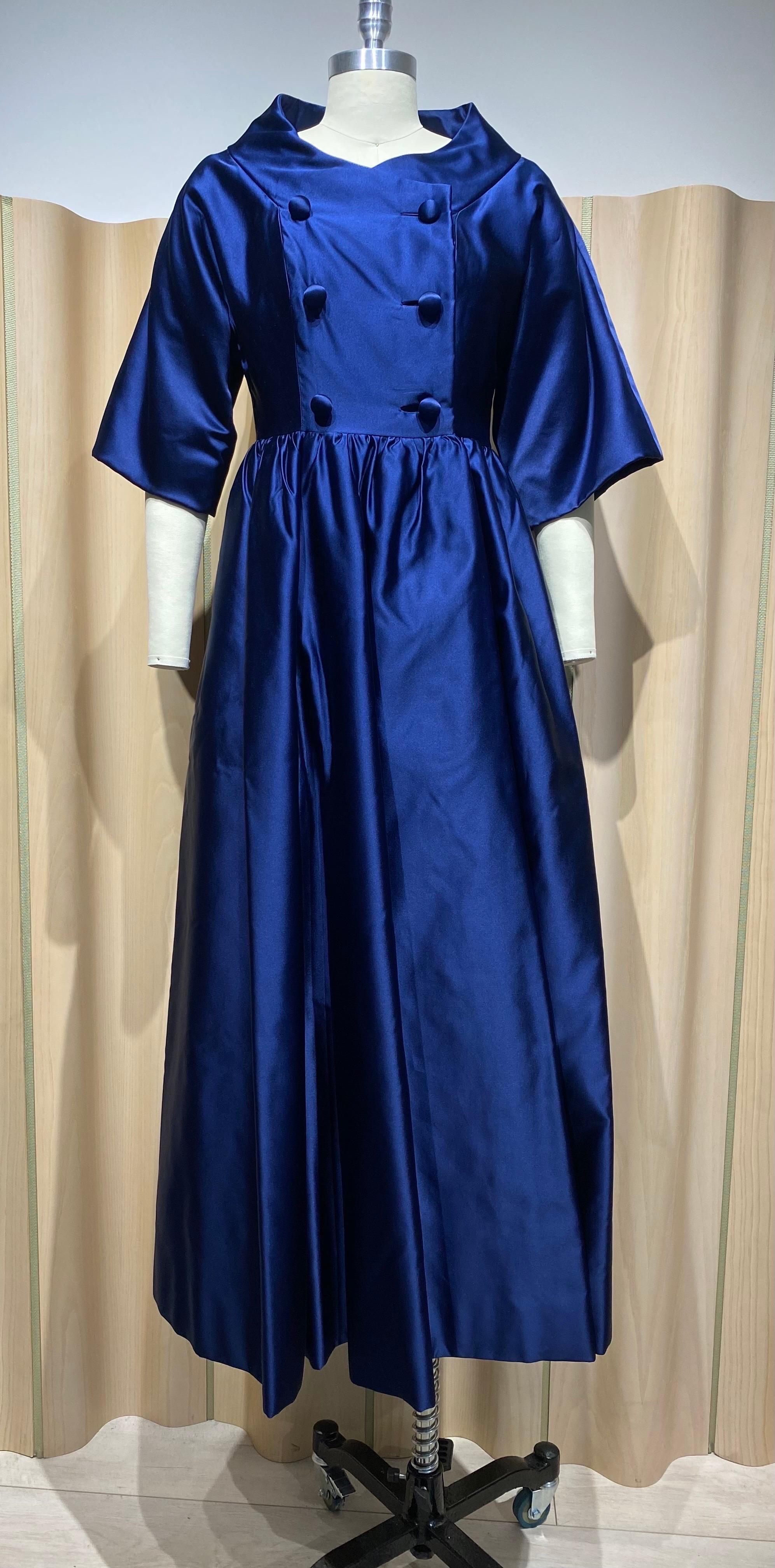 1960s Blue Silk Cocktail Coat Dress For Sale 3