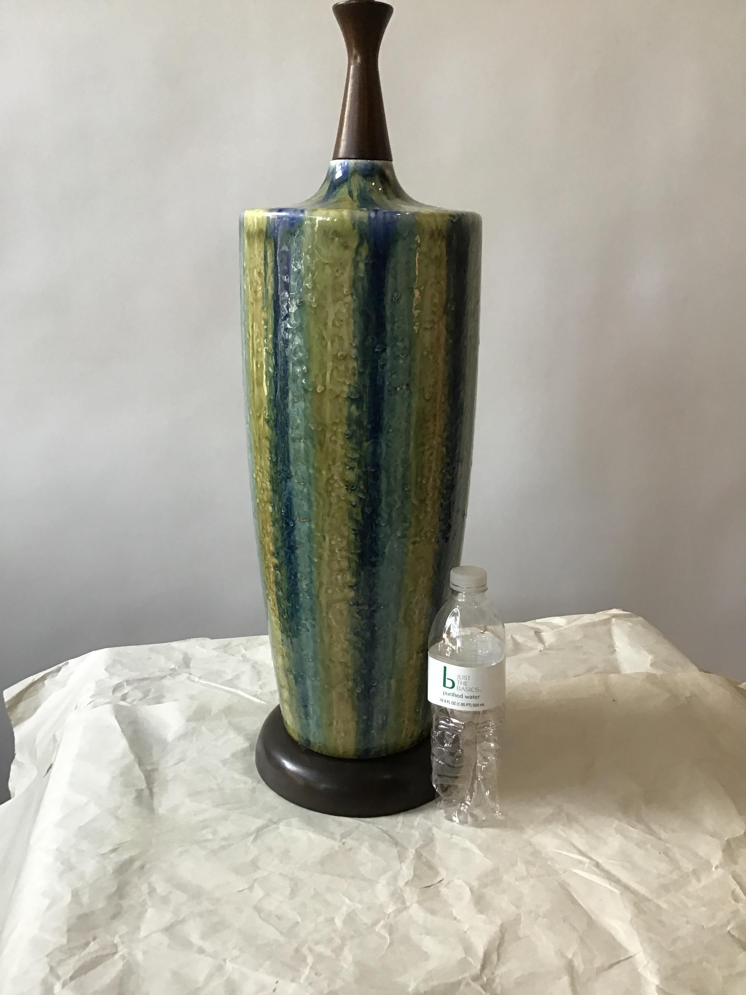 Mid-20th Century 1960s Blue Striped Ceramic Lamp For Sale