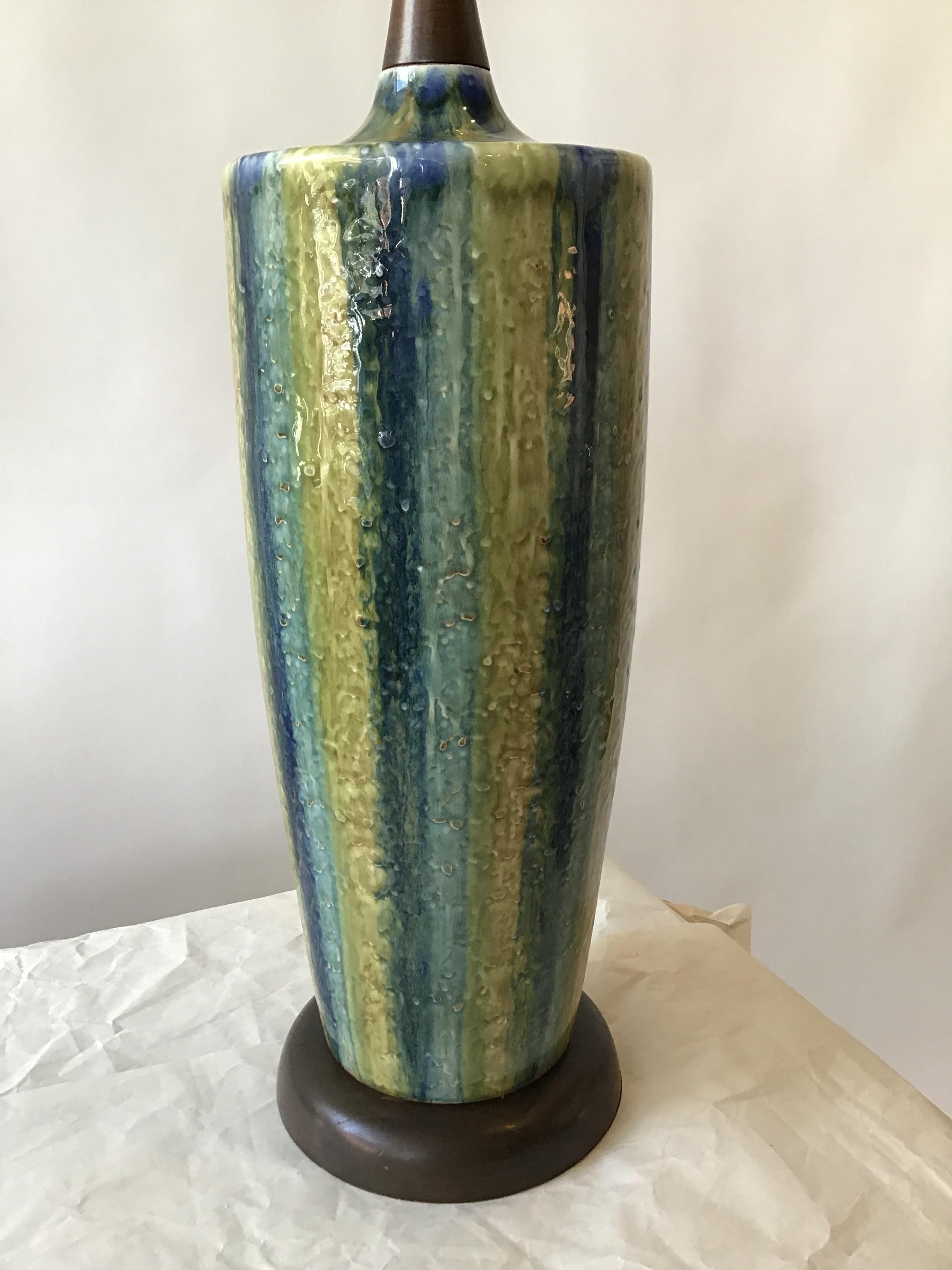 1960s Blue Striped Ceramic Lamp For Sale 2