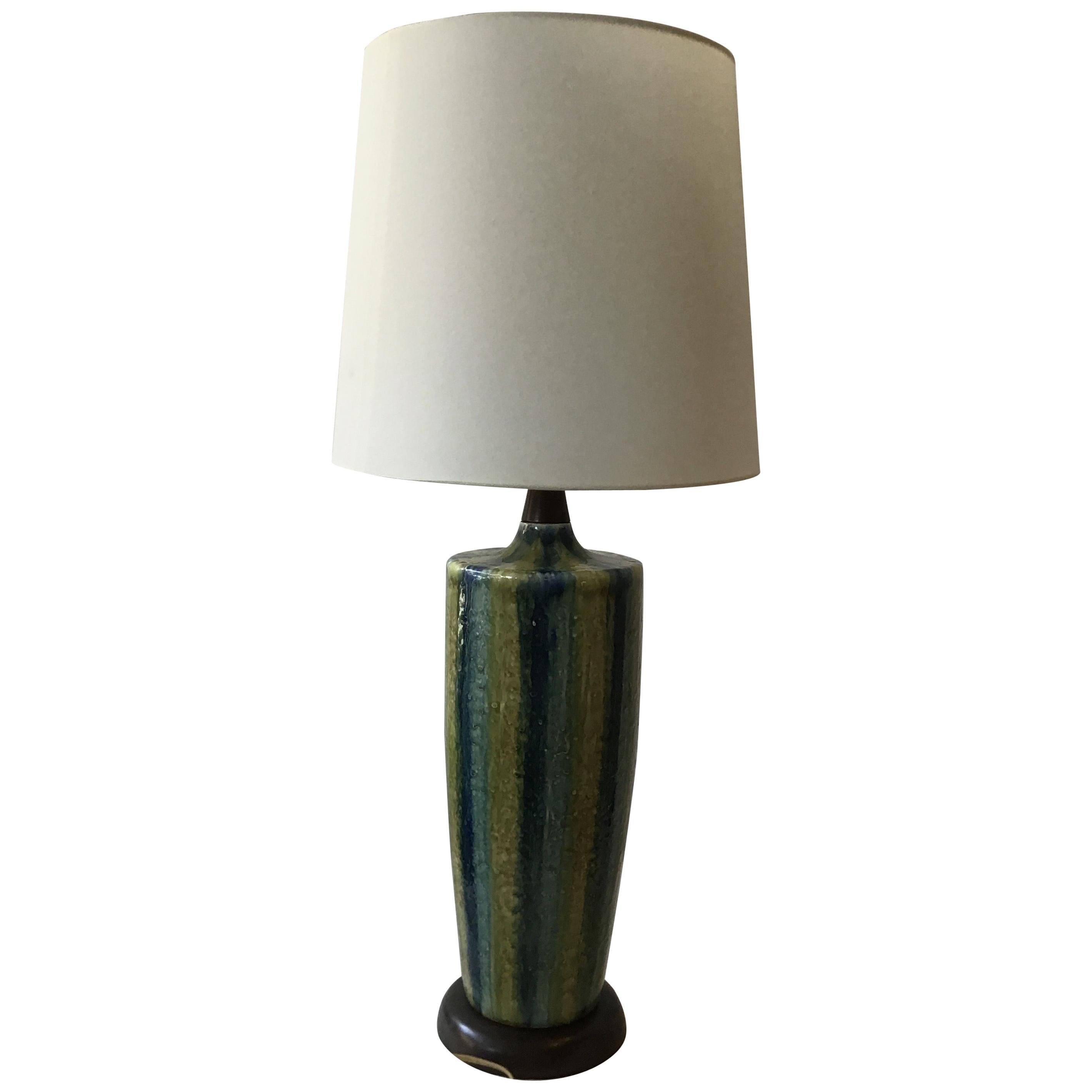 1960s Blue Striped Ceramic Lamp For Sale