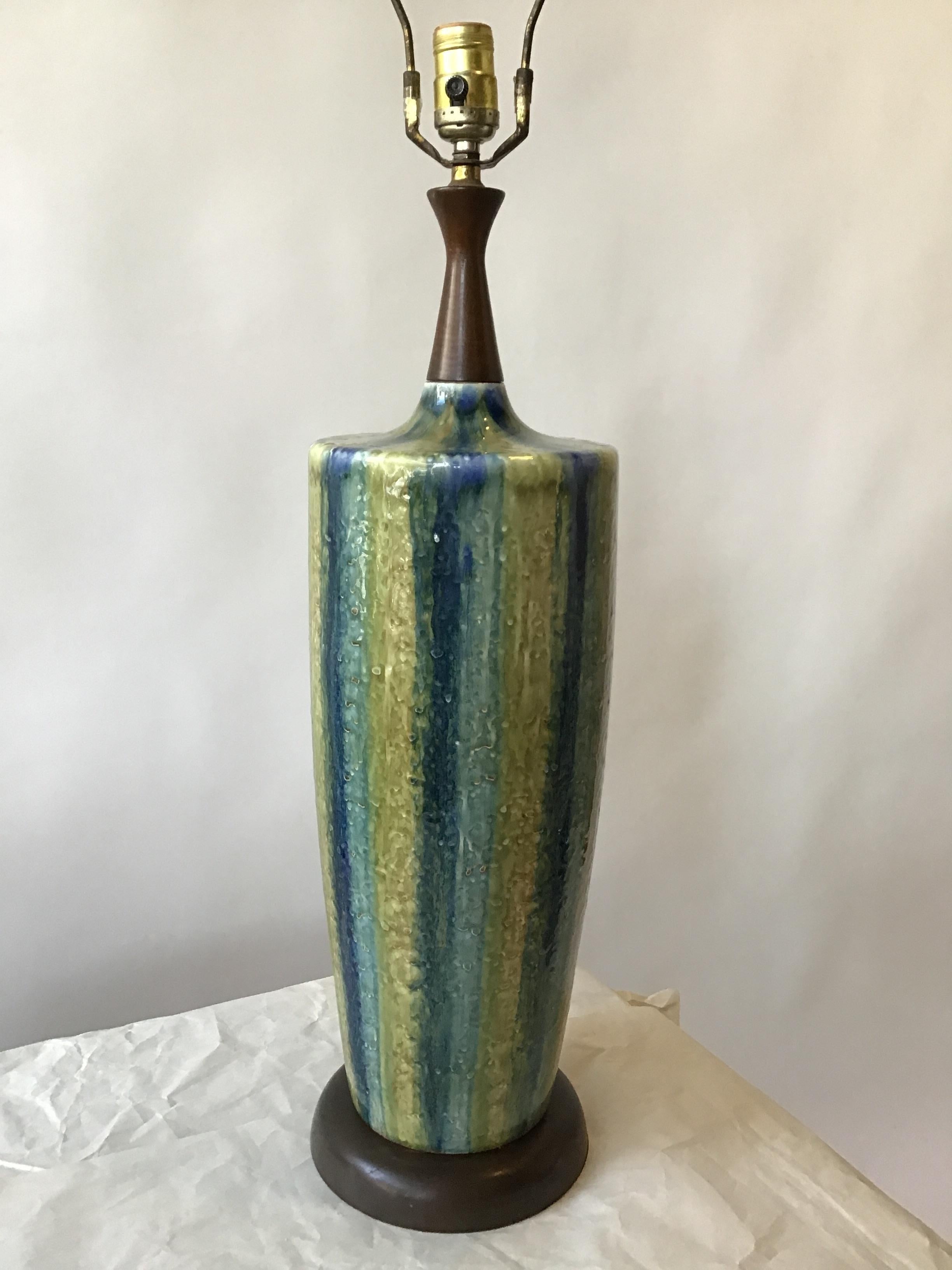 1960s blue striped ceramic lamp.