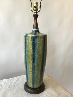 1960s Blue Striped Ceramic Lamp