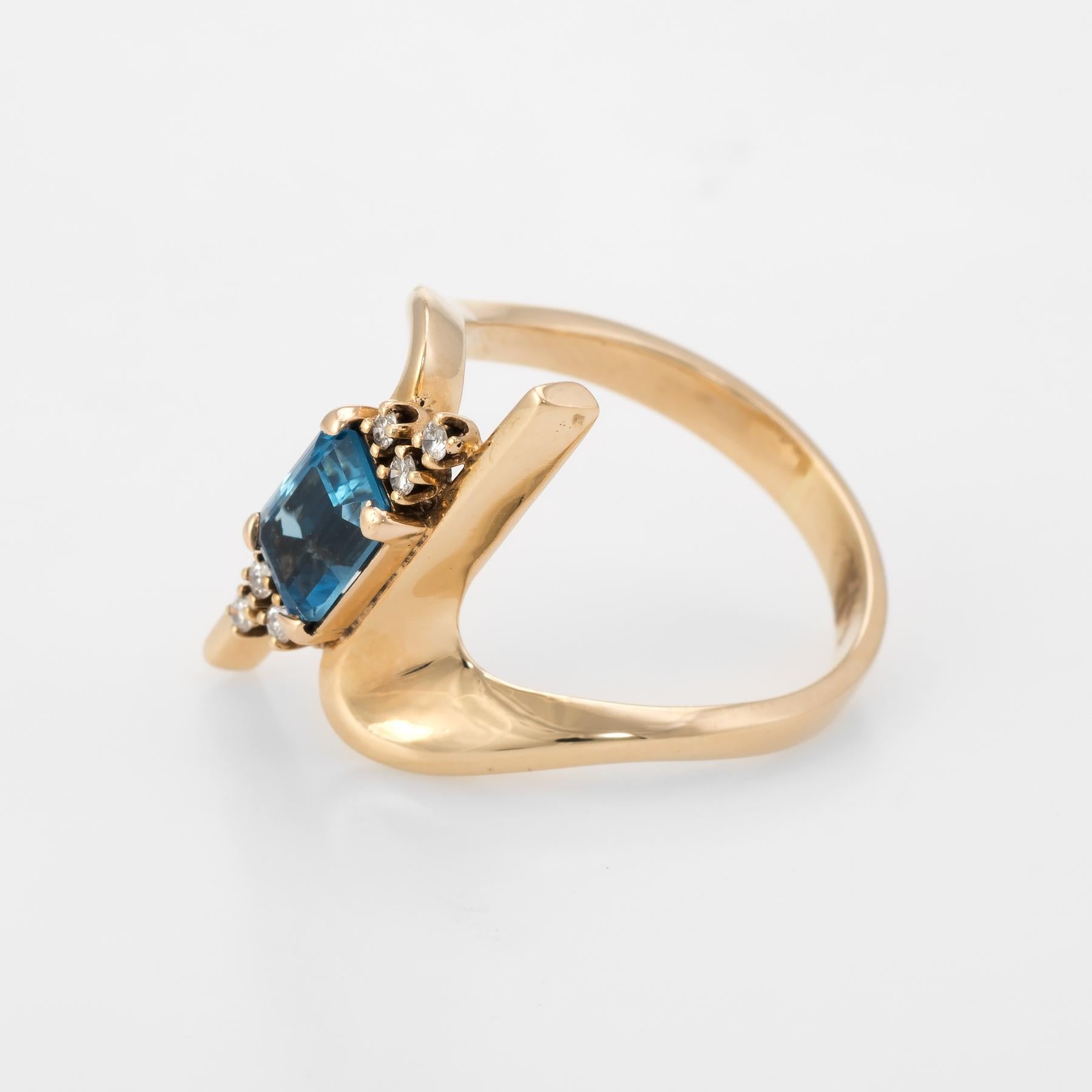 Modern 1960s Blue Topaz Diamond Cocktail Ring Vintage 14 Karat Gold Estate Jewelry