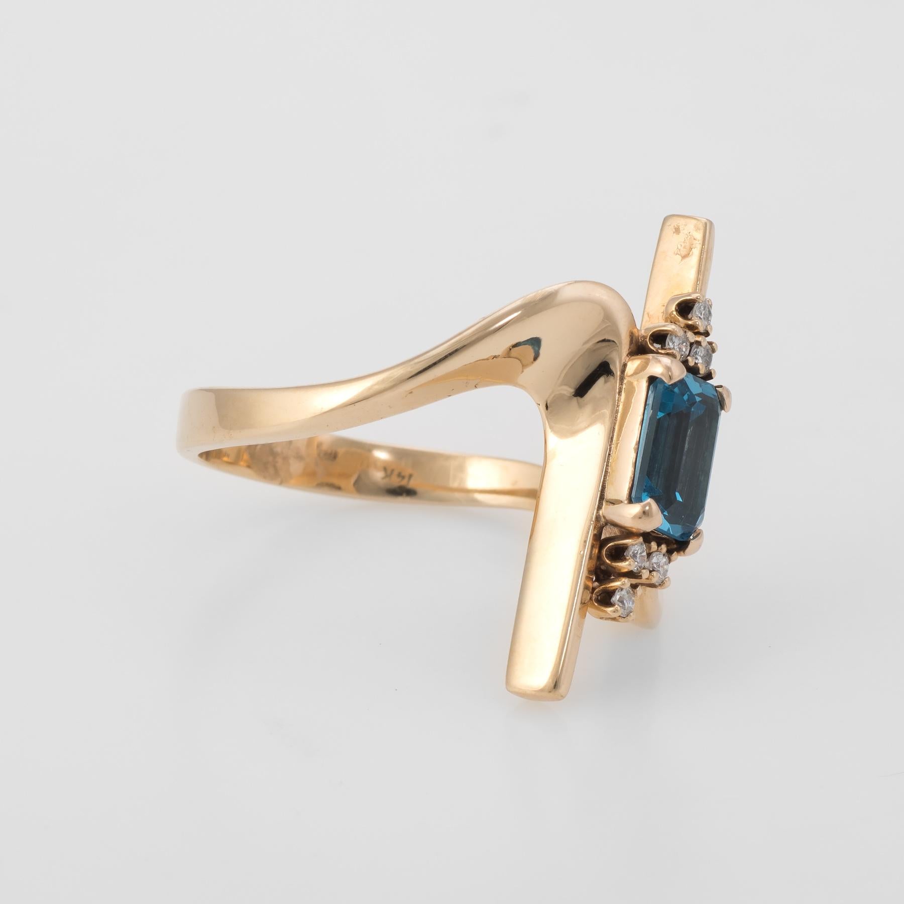 Emerald Cut 1960s Blue Topaz Diamond Cocktail Ring Vintage 14 Karat Gold Estate Jewelry