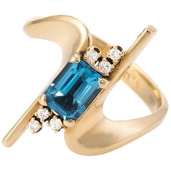1960s Blue Topaz Diamond Cocktail Ring Vintage 14 Karat Gold Estate Jewelry