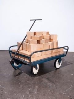 1960's Blue Toy Cart with Set of Large Scale Wooden Building Blocks