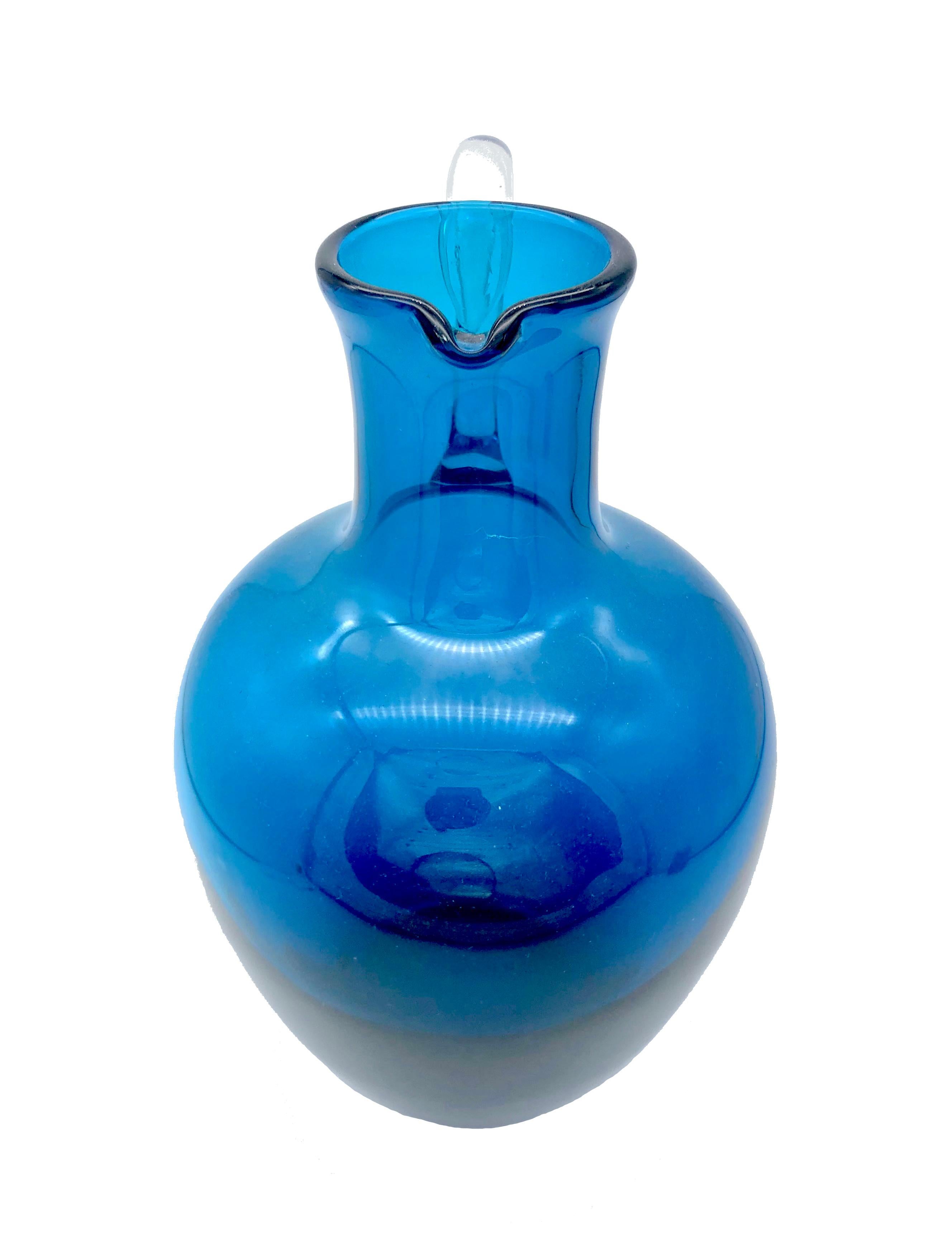 Mid-Century Modern 1960's Blue Transperent Glass Pitcher For Sale