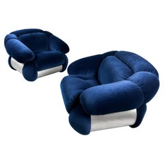 1960s blue velvet armchairs by Adriano Piazzesi for 3D