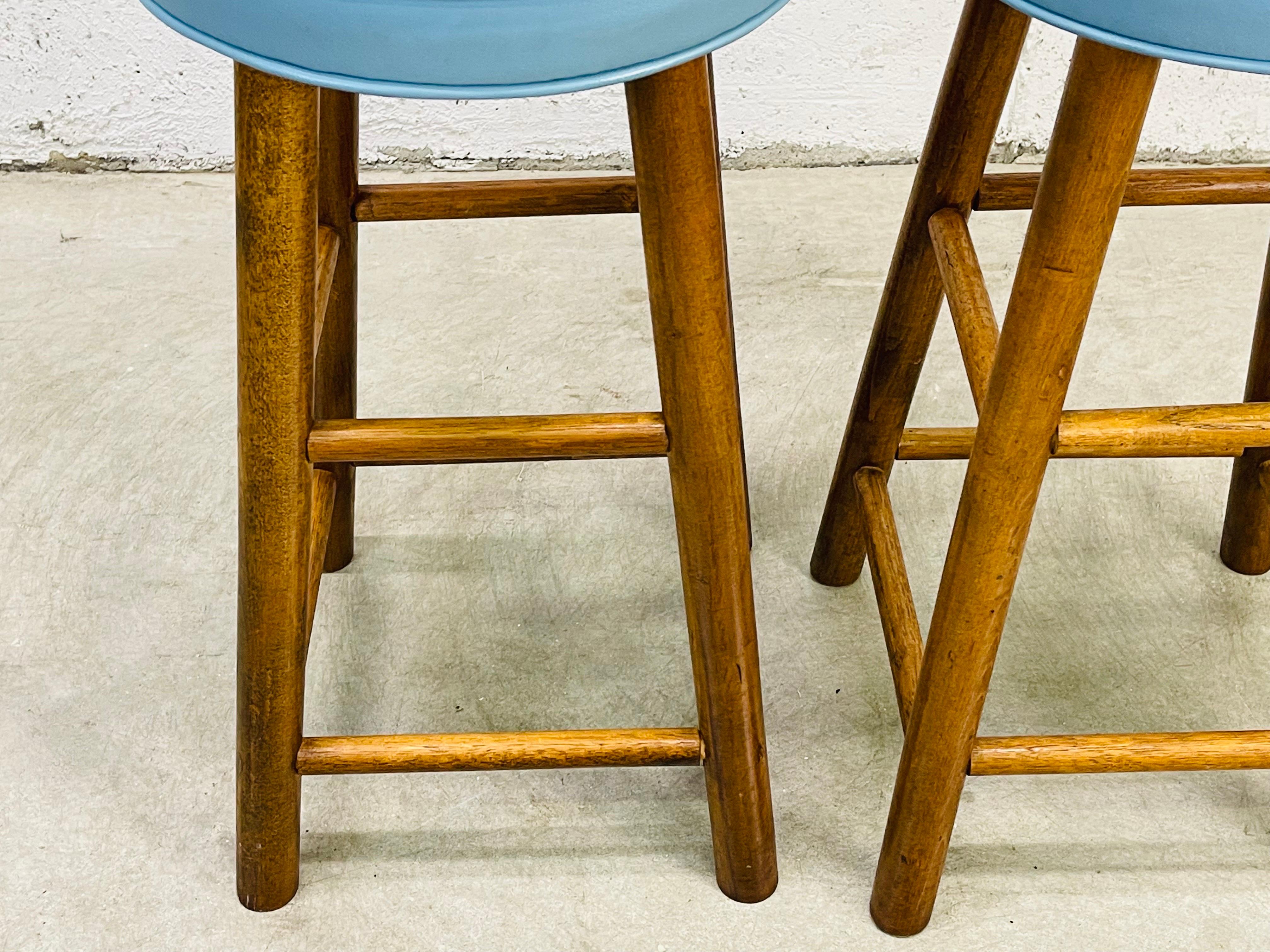 1960s Blue Vinyl Round Bar Stools, Pair In Good Condition For Sale In Amherst, NH