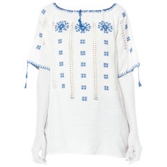 1960S Blue & White Hand Embroidered Cotton Blend Boho European Short Sleeve Top